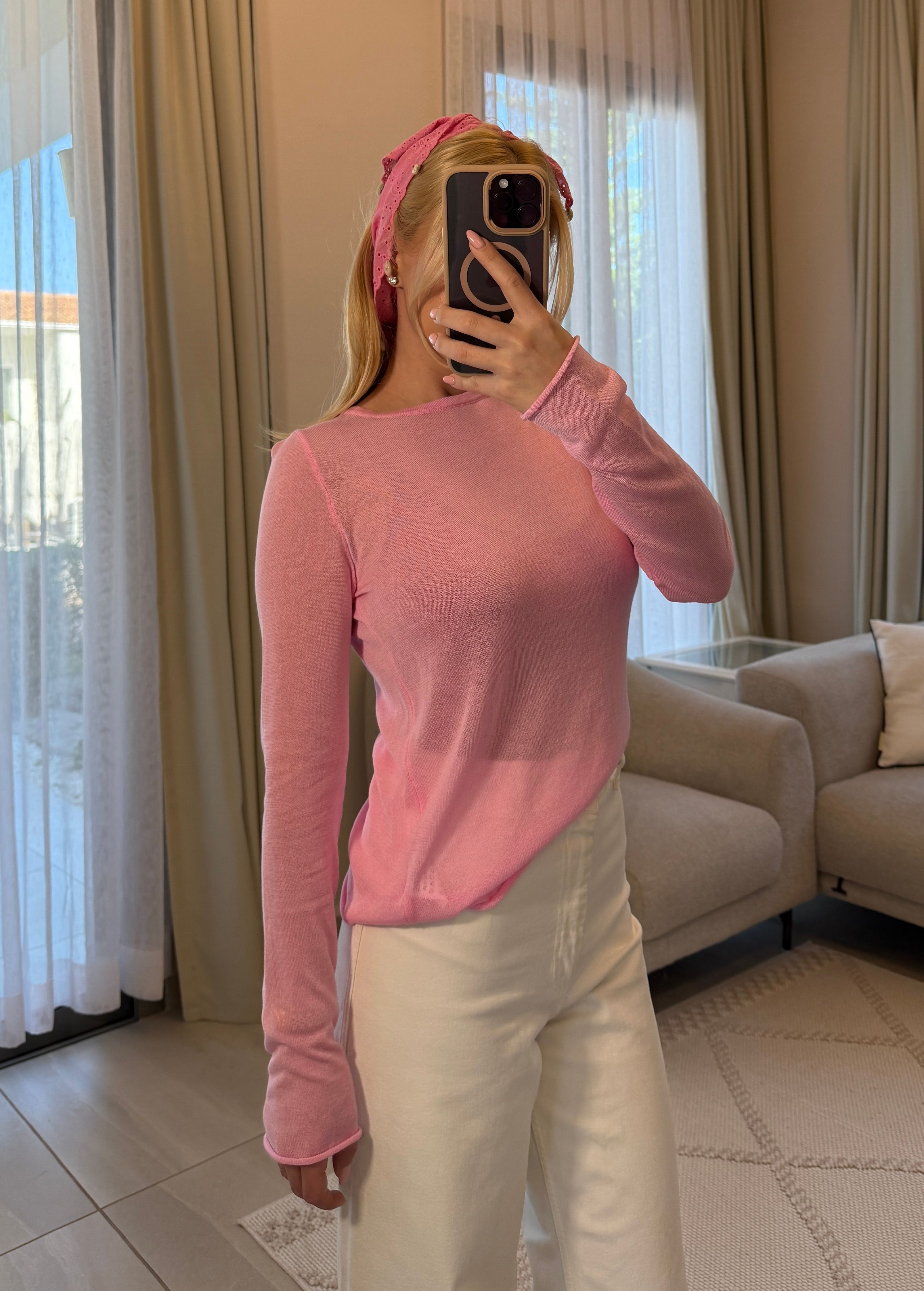 PEMBE UZUN KOLLU TRANSPARAN BLUZ