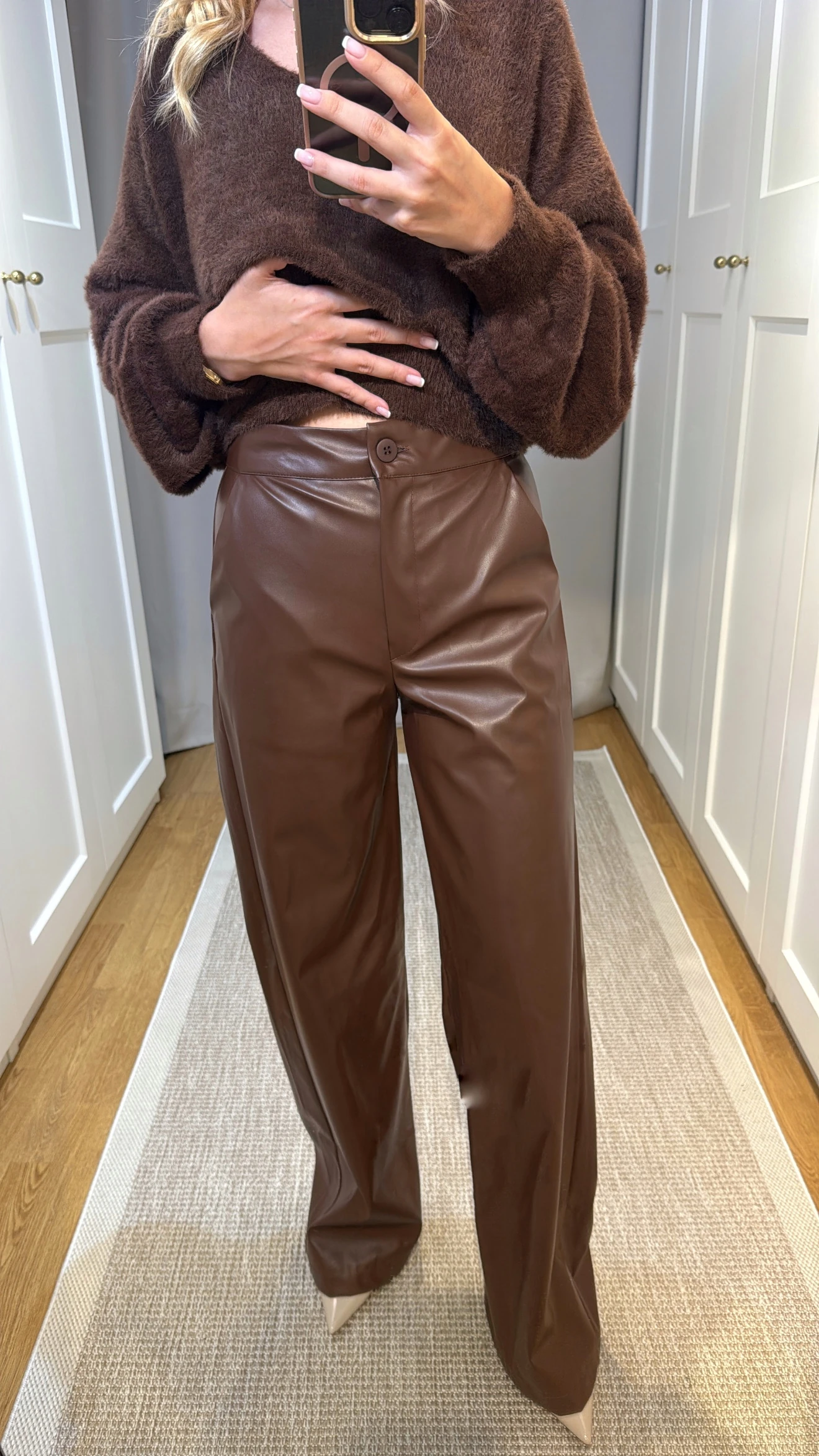 YÜKSEK BEL DERİ PANTOLON - KAHVE