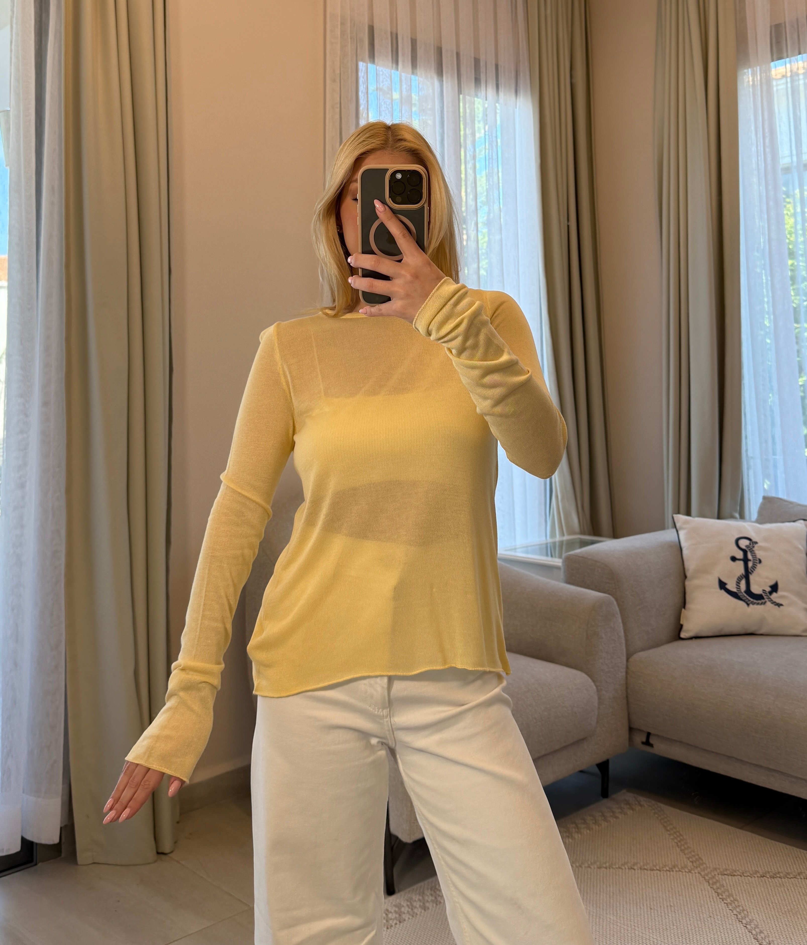 SARI UZUN KOLLU TRANSPARAN BLUZ