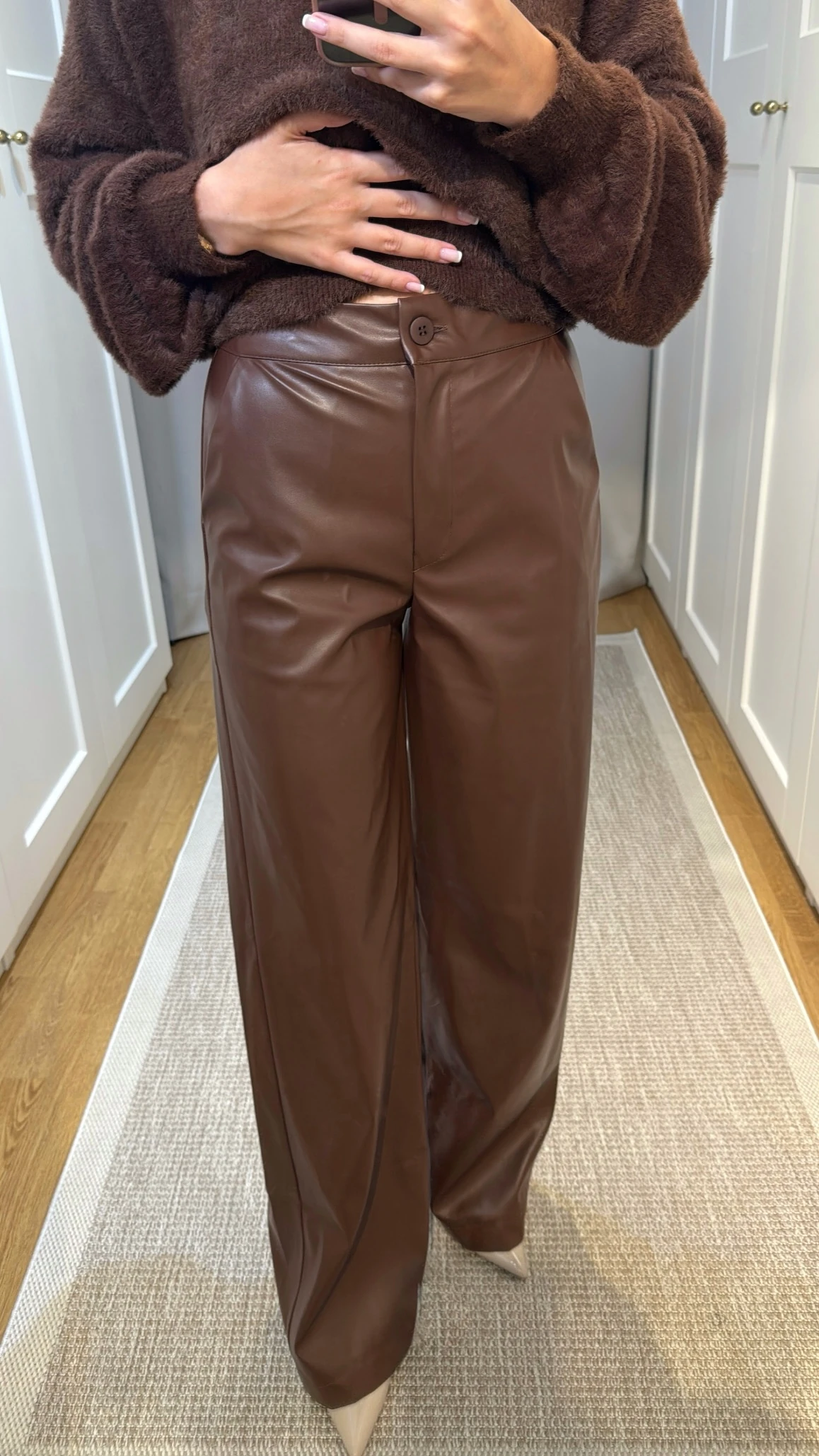 YÜKSEK BEL DERİ PANTOLON - KAHVE