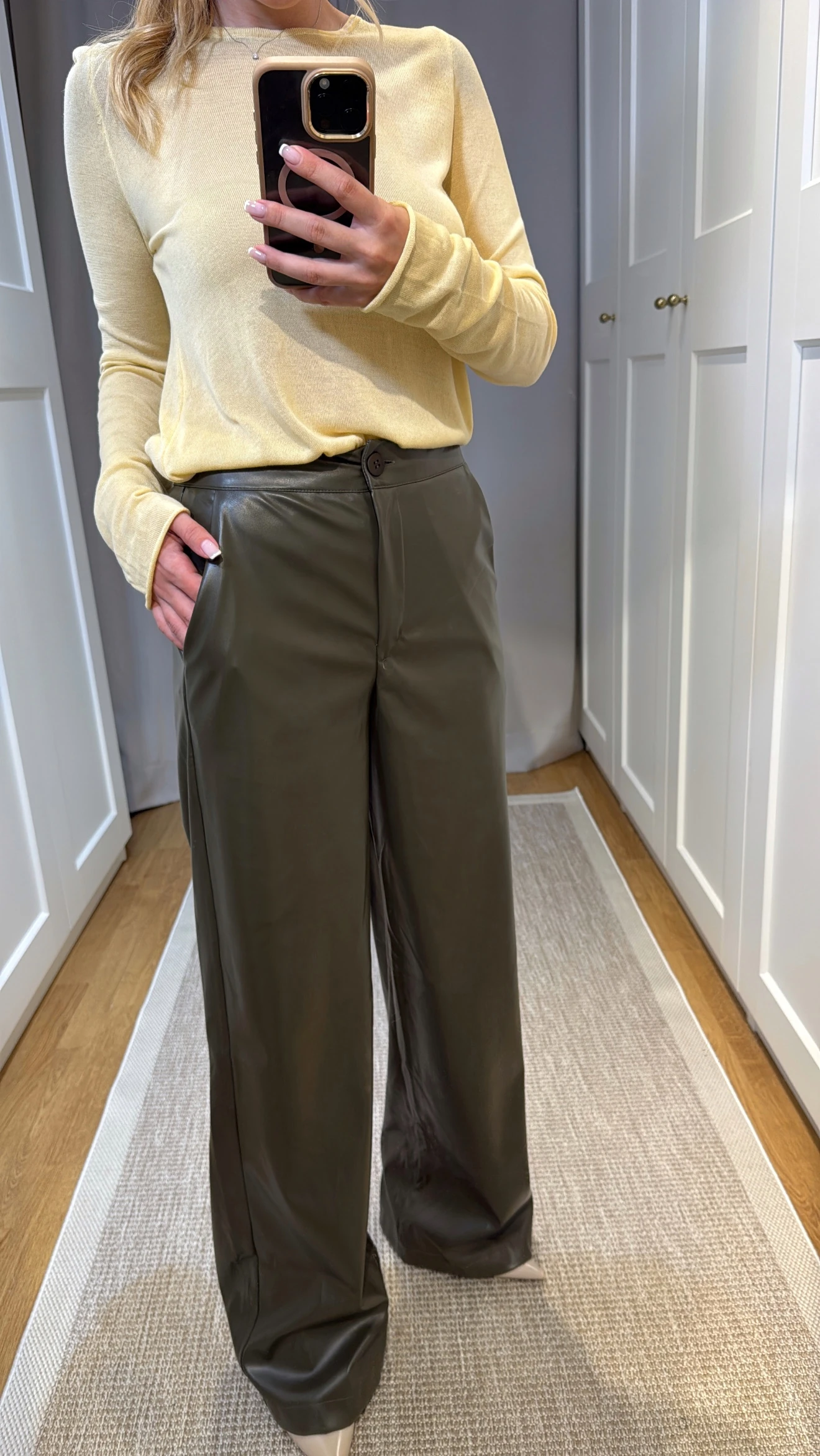 YÜKSEK BEL DERİ PANTOLON - HAKİ