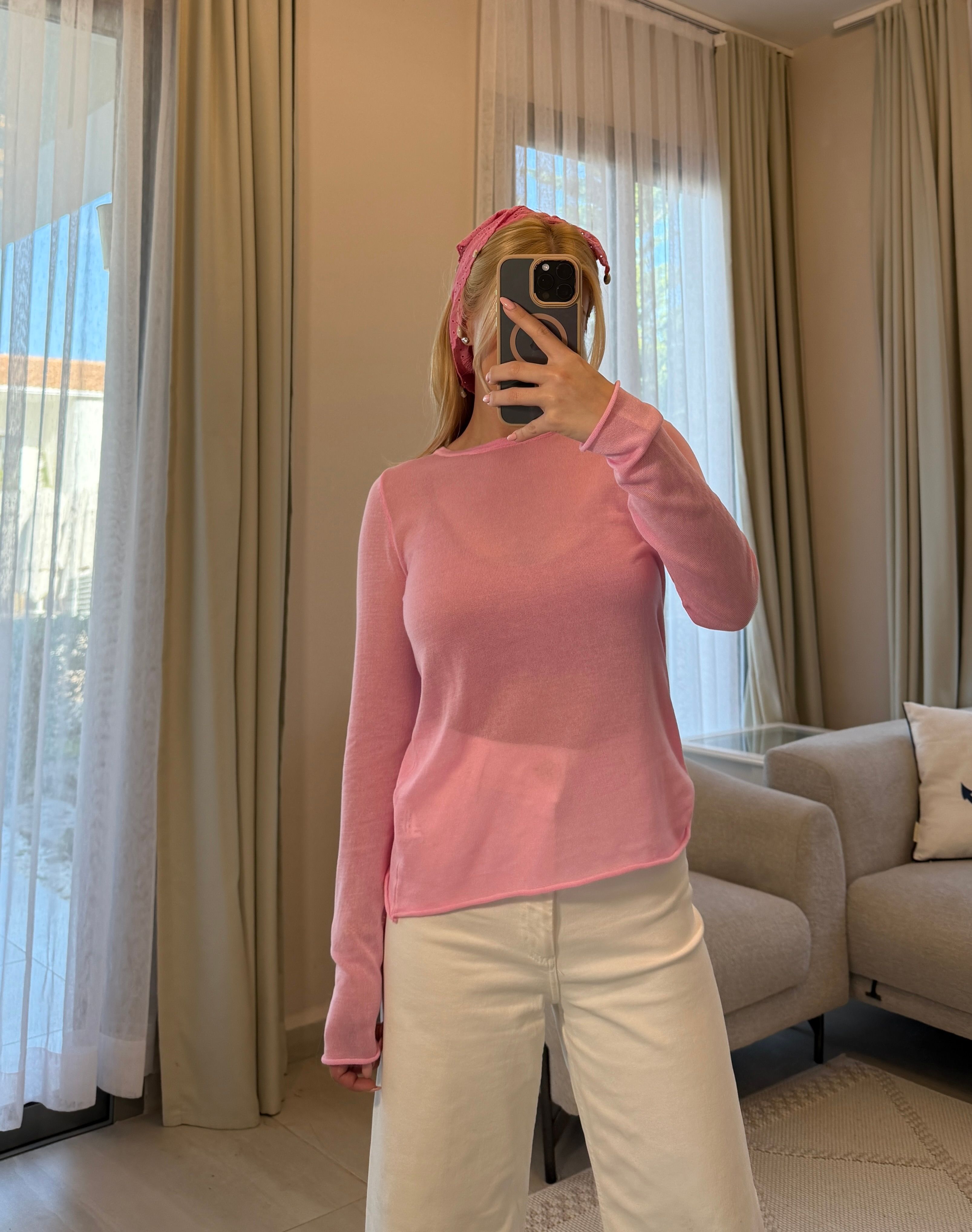 PEMBE UZUN KOLLU TRANSPARAN BLUZ