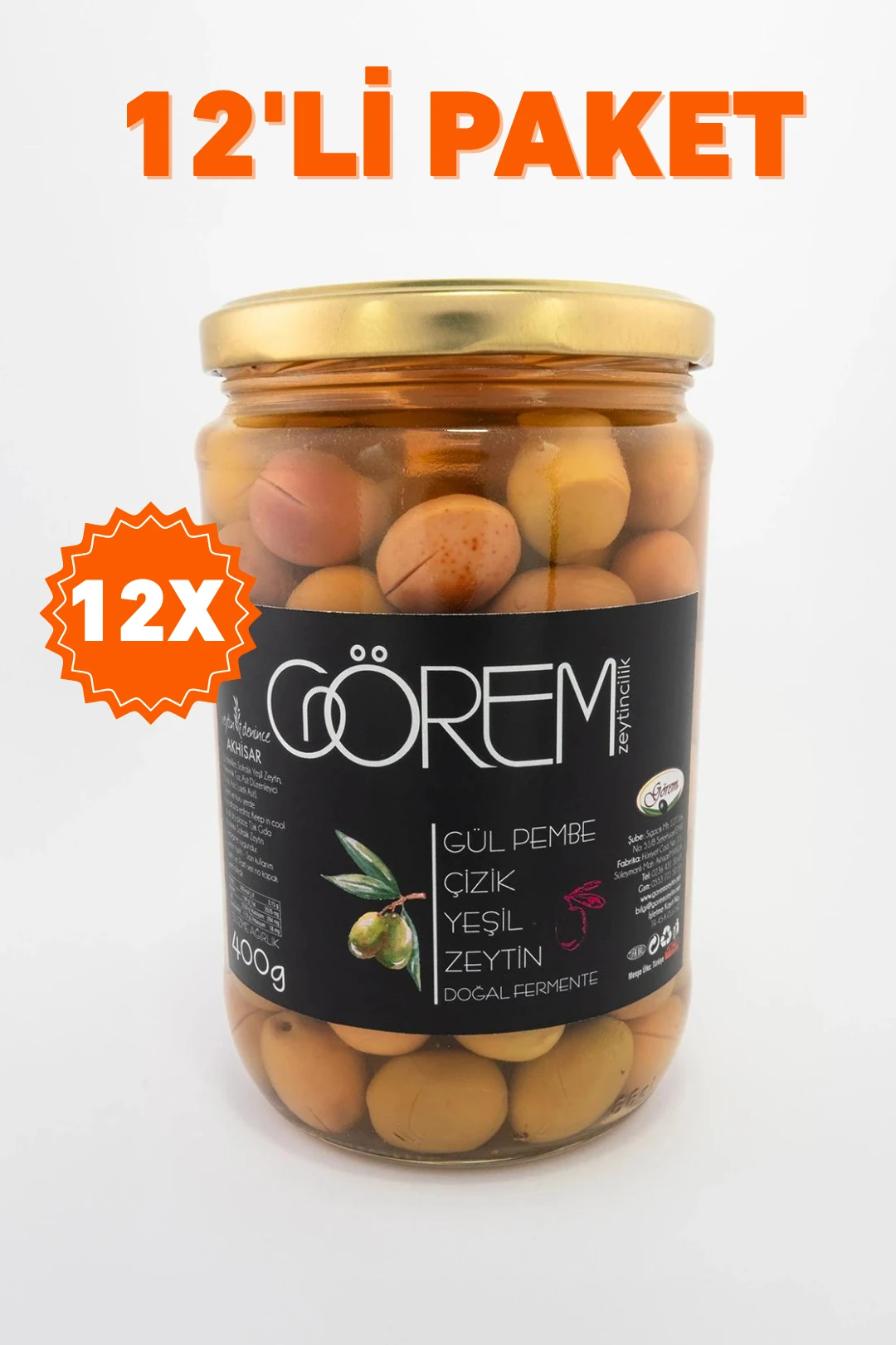 12'li Gül Pembe Çizik Yeşil Zeytin (12x400gr)