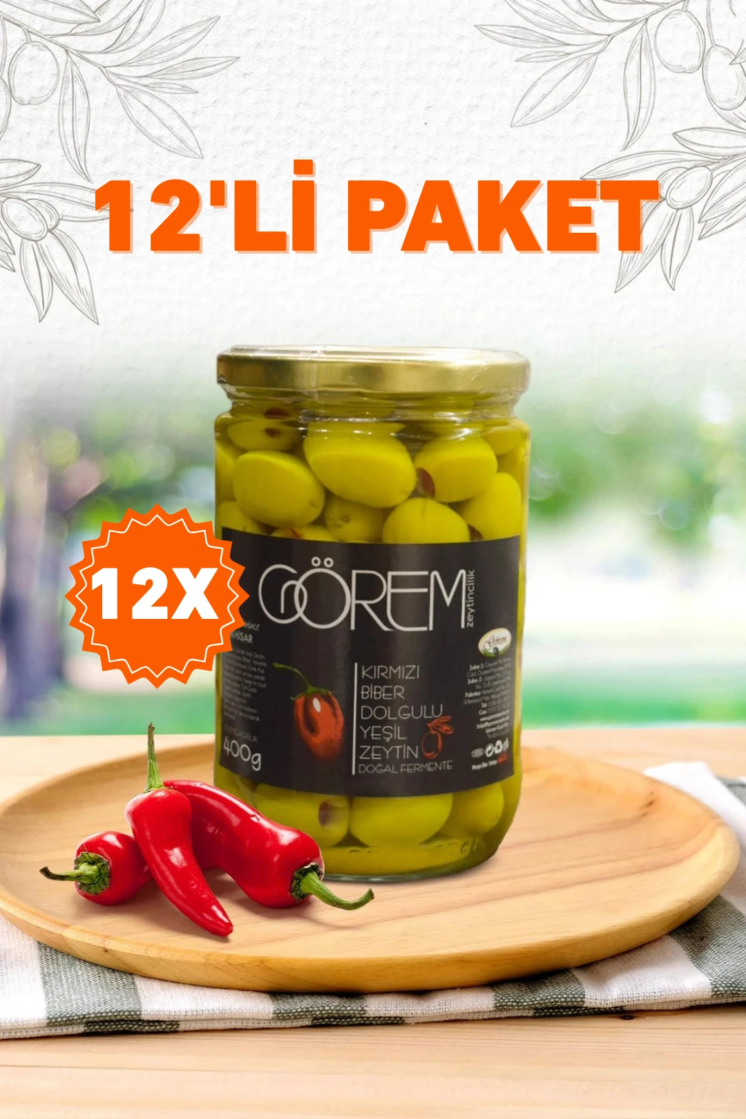 12'li Kırmızı Biber Dolgulu Zeytin (12x400 gr.) 