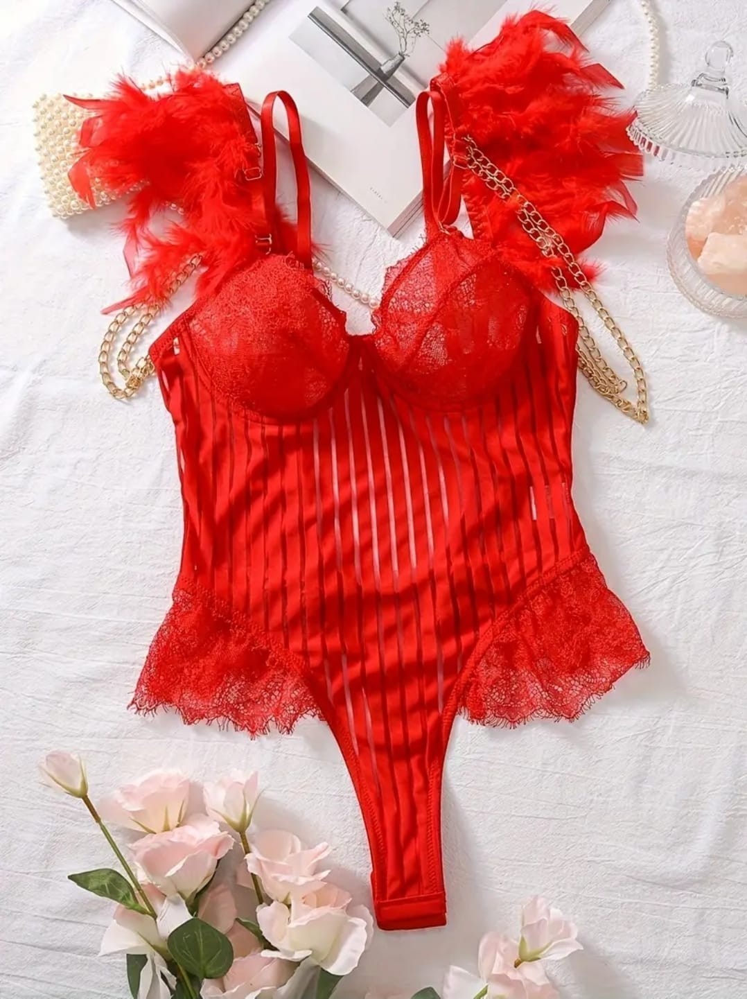 Angel Whisper Dantel Body Suit   LOVEİ-BODY1 - Kırmızı