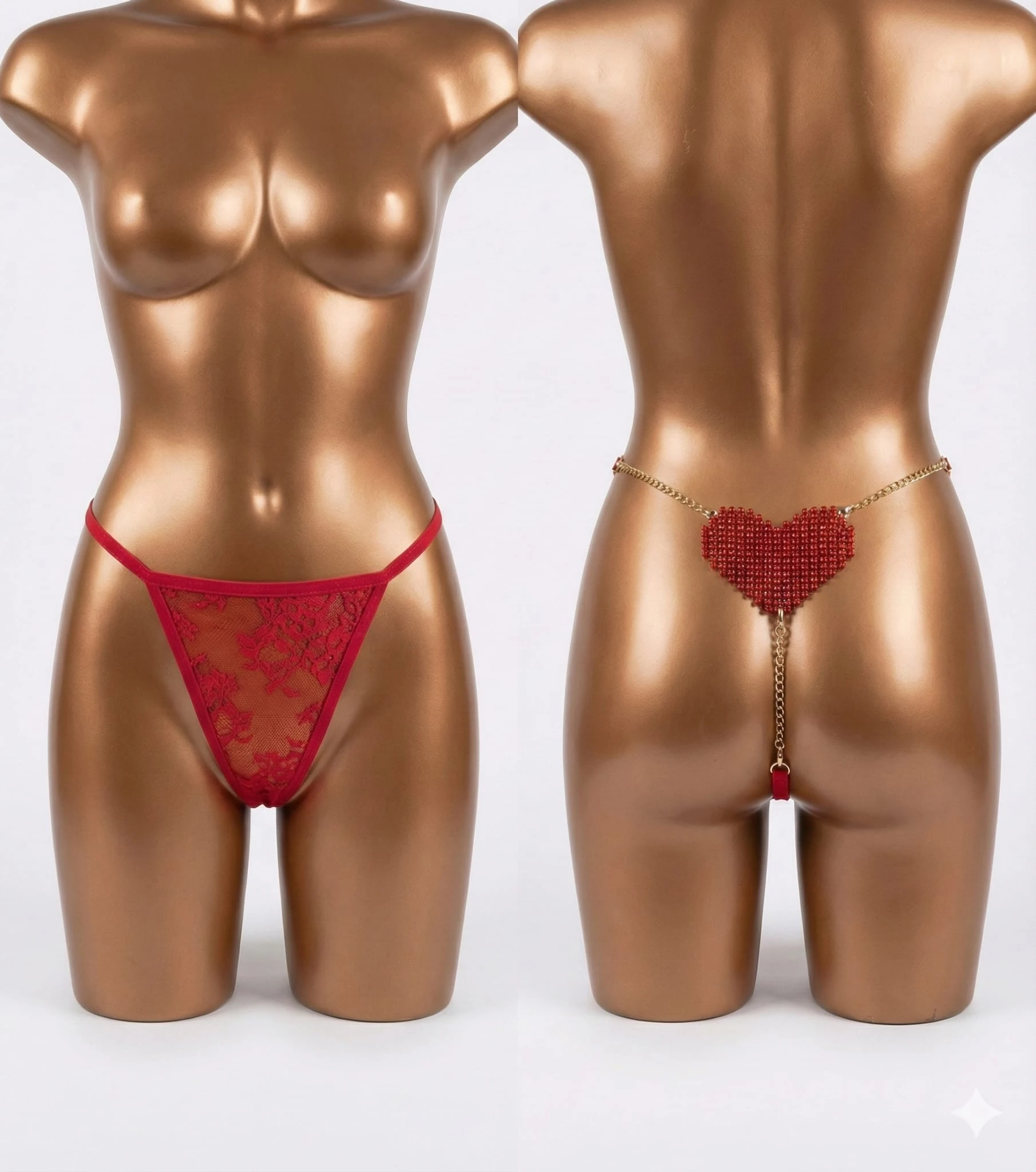 Amore Taşlı Kalp Zincirli Dantel String Külot - Kırmızı