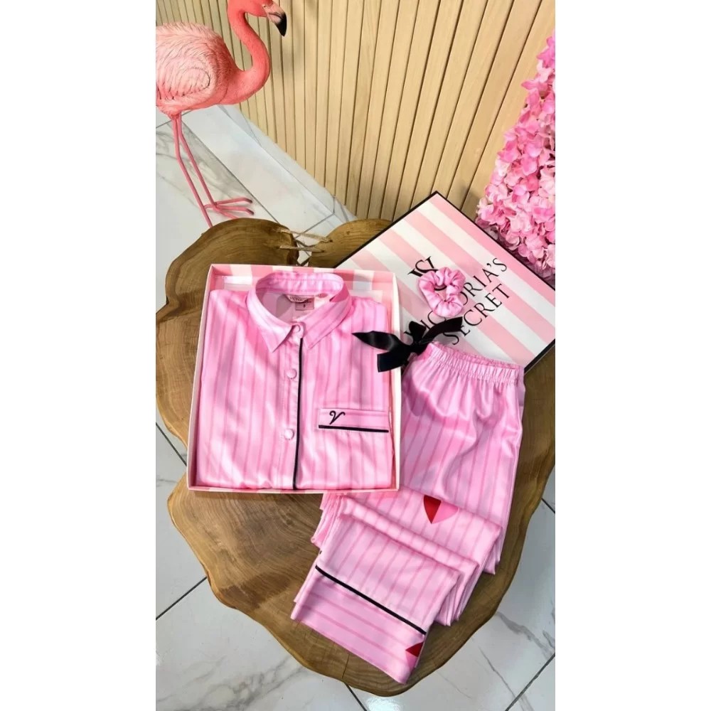 Love Vs Saten Pembe Çizgili ve Kalpli Pijama Takımı- ( LOVEPJ1016)