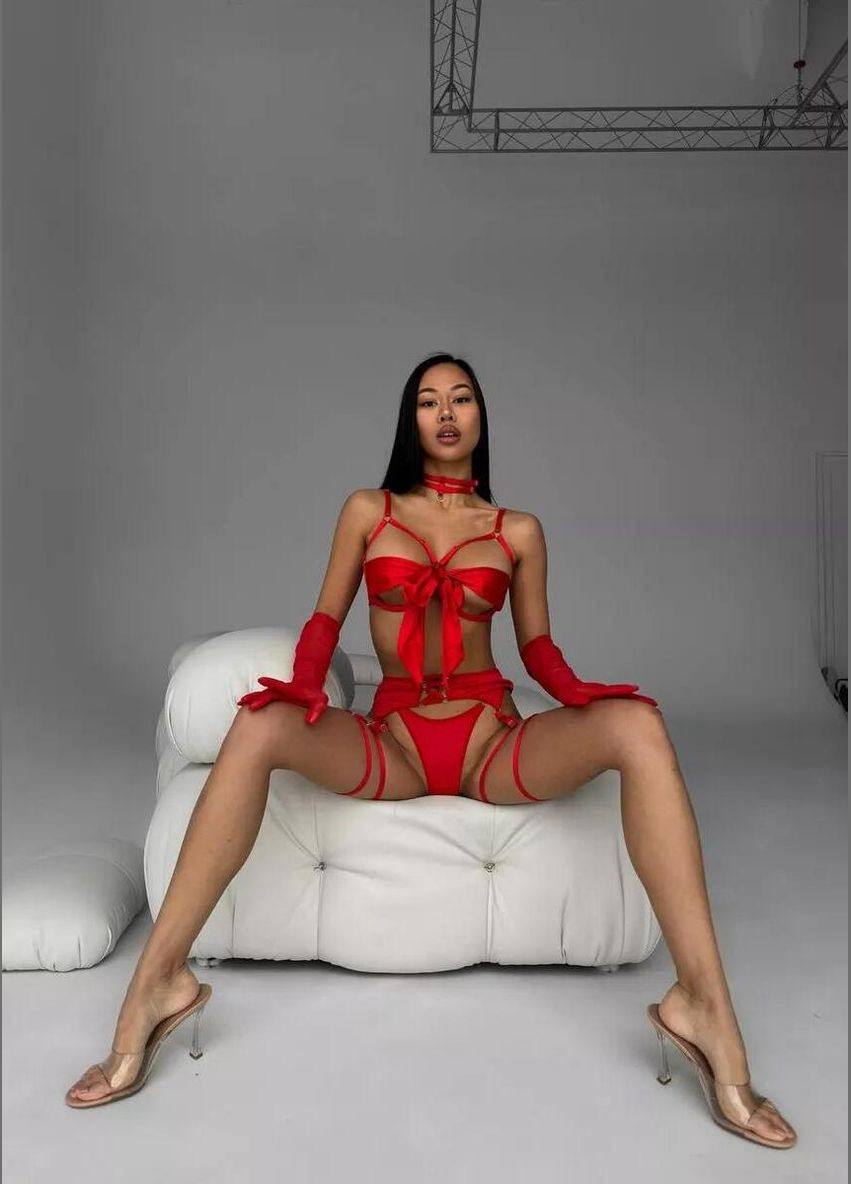 Fiyonara – Saten Kurdeleli Lüks Jartiyer Set - Kırmızı