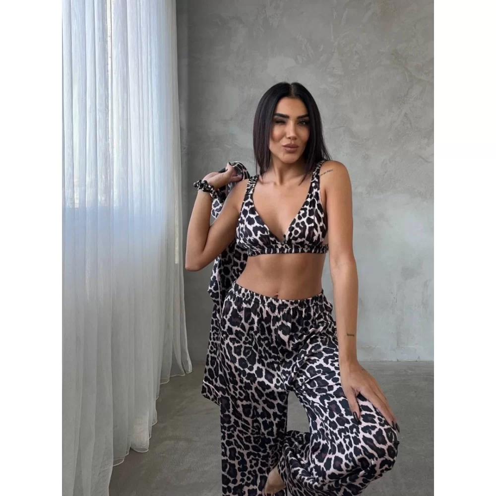 Leopard Luxe Pajama Leopar Baskılı Saten Tunik & Pantolon Pijama Takımı