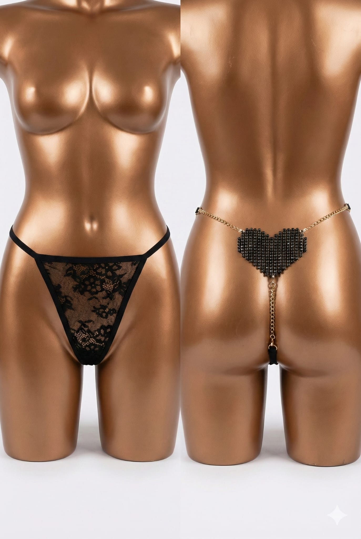 Amore Taşlı Kalp Zincirli Dantel String Külot - Siyah