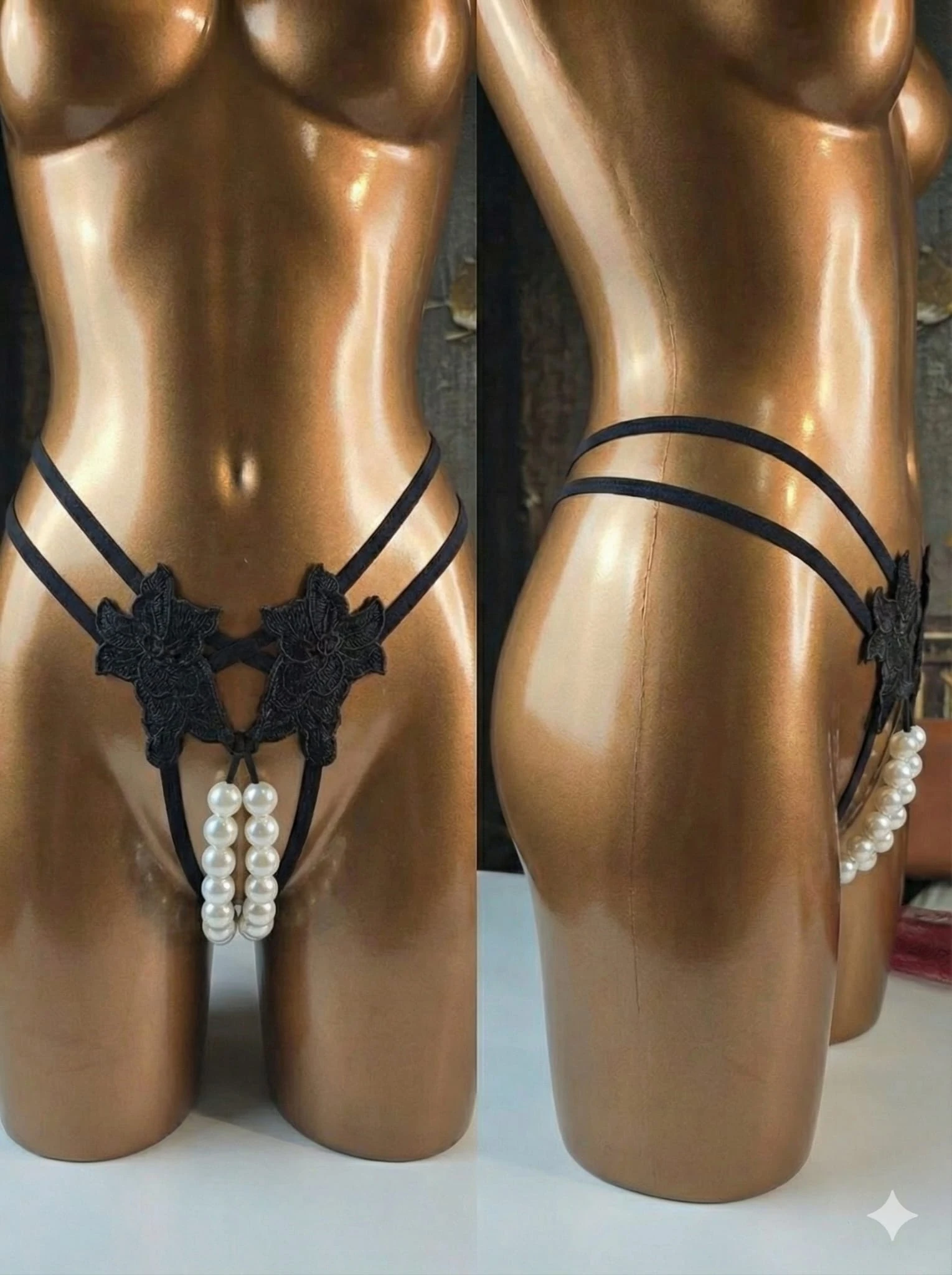 Pearl Bloom – İnci Detaylı İpli Tanga Külot - Siyah