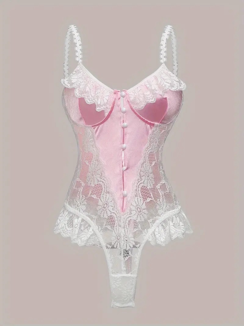 Dreamy Lace Romantik Dantel Detaylı Pembe Bodysuit    (LOVE-1031)