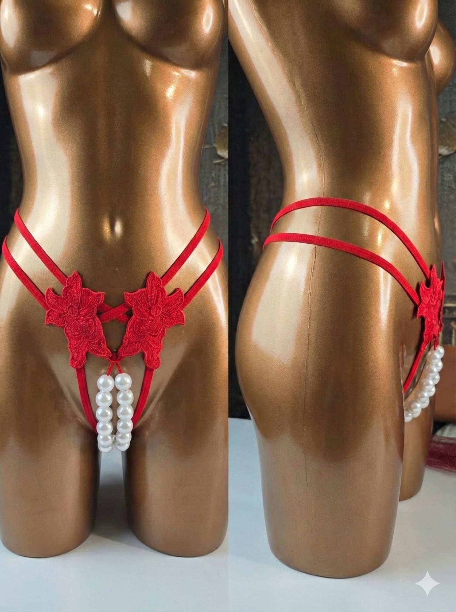 Pearl Bloom – İnci Detaylı İpli Tanga Külot - Kırmızı