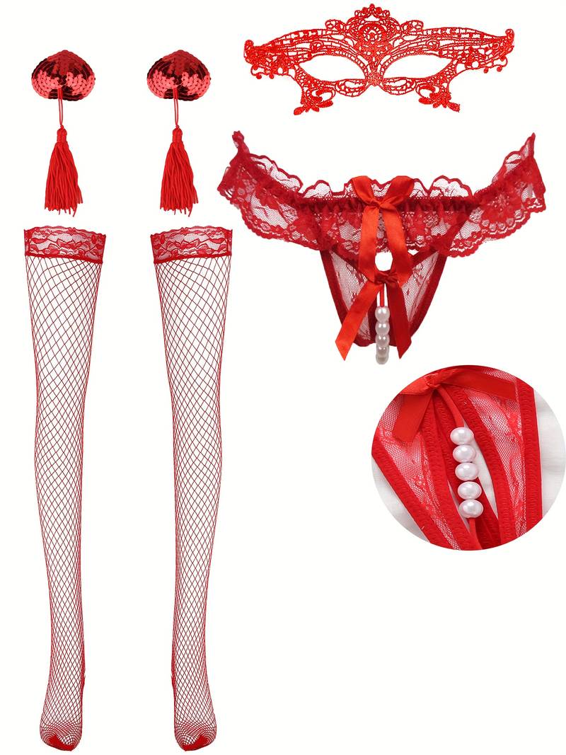 Masquerade İnci Fantezi Set - Kırmızı