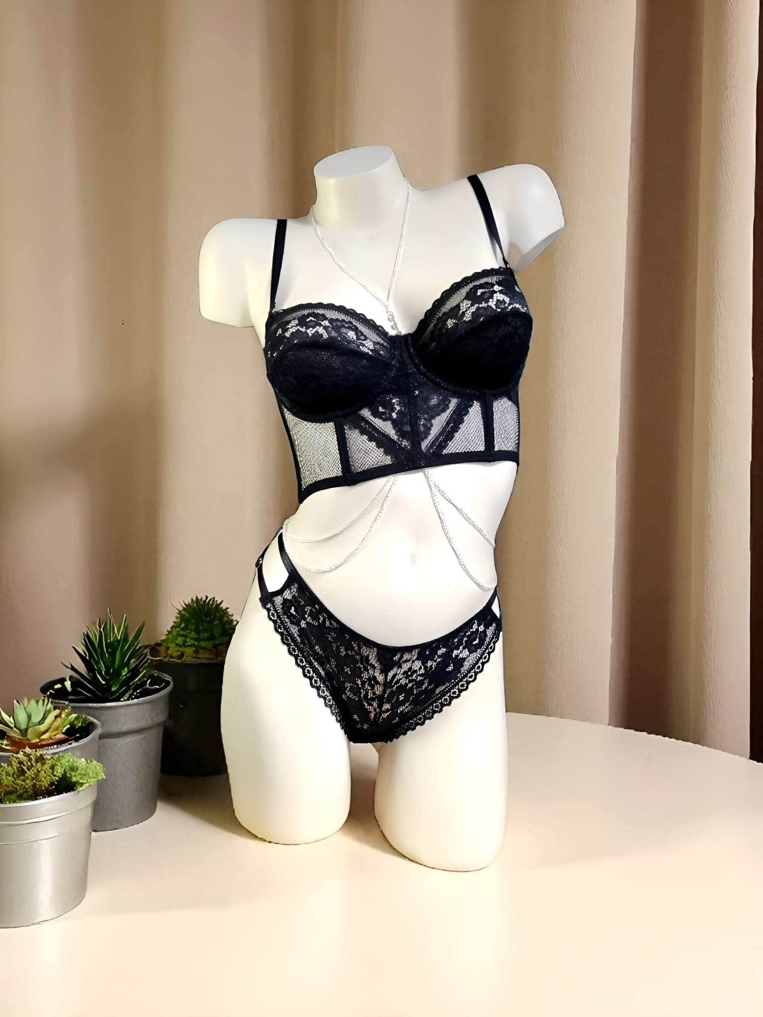 Elegance Dantel Bustiyer Takım   - Siyah