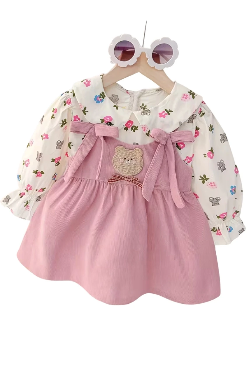 Sevimli Ayı ve Çiçek Desenli Elbise