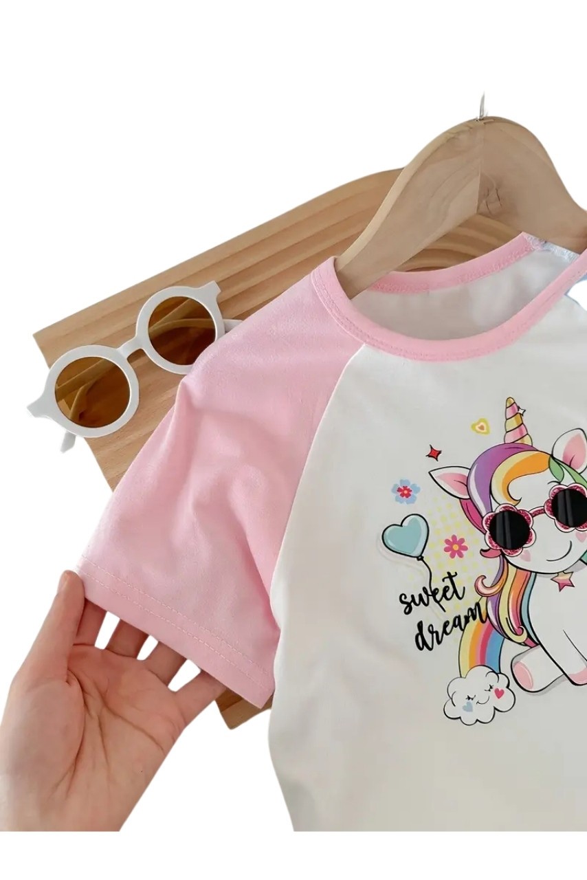 Unicorn Baskılı Şort Tişört İkili Takım