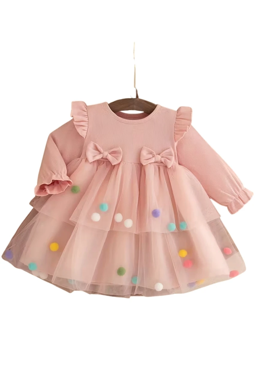 Renkli Tül Ponponlu Prenses Elbisesi