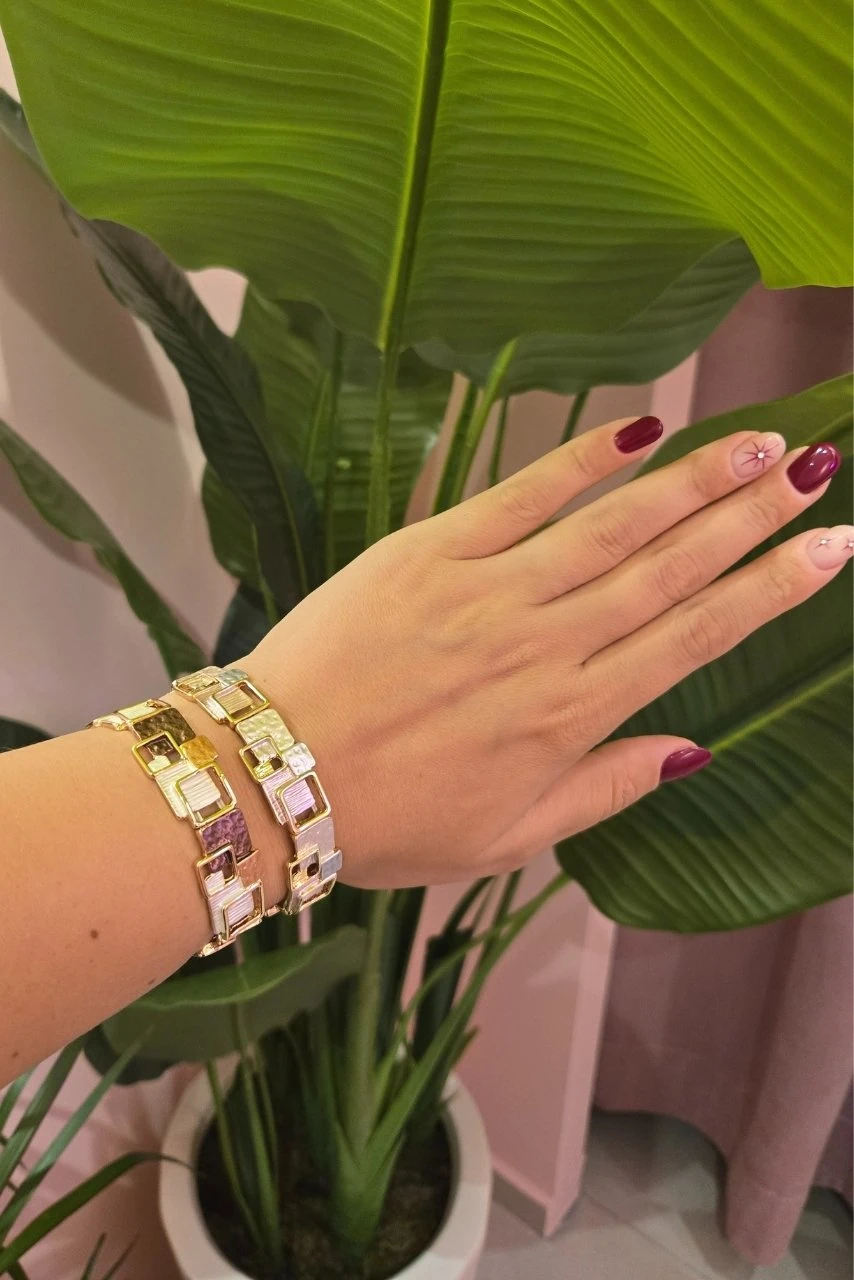 Kare Taşlı Metal Bileklik