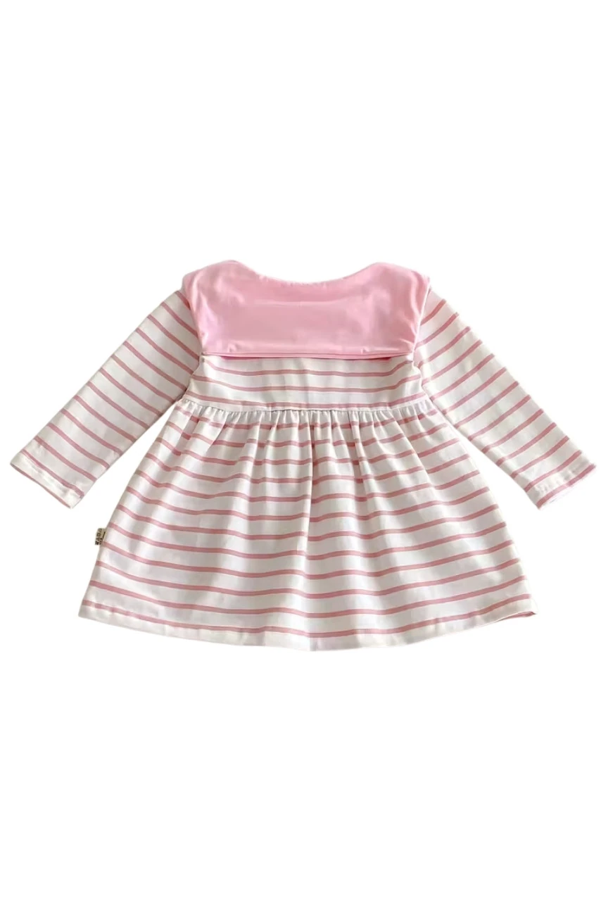  Kurdele Detaylı Beyaz Çizgili Uzun Kollu Elbise