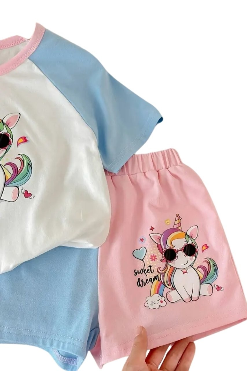 Unicorn Baskılı Şort Tişört İkili Takım