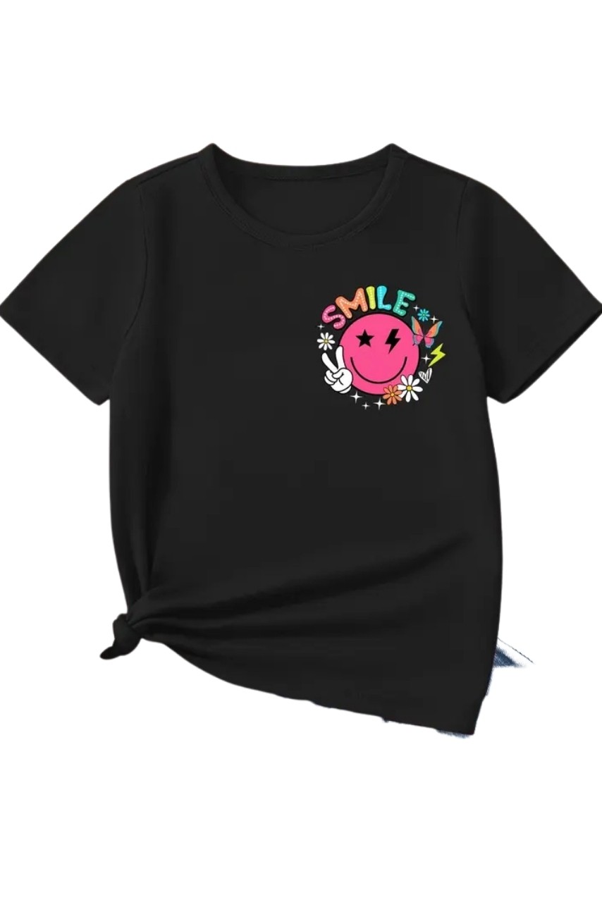 Smile Baskılı Siyah Tişört