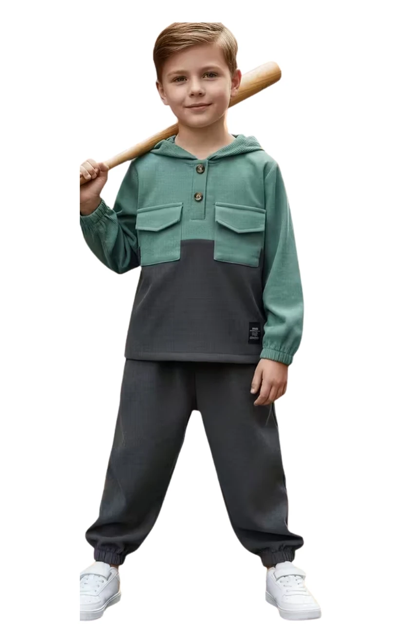 Kadife Kapşonlu Uzun Kollu Sweatshirt vePantolon İkili Takım