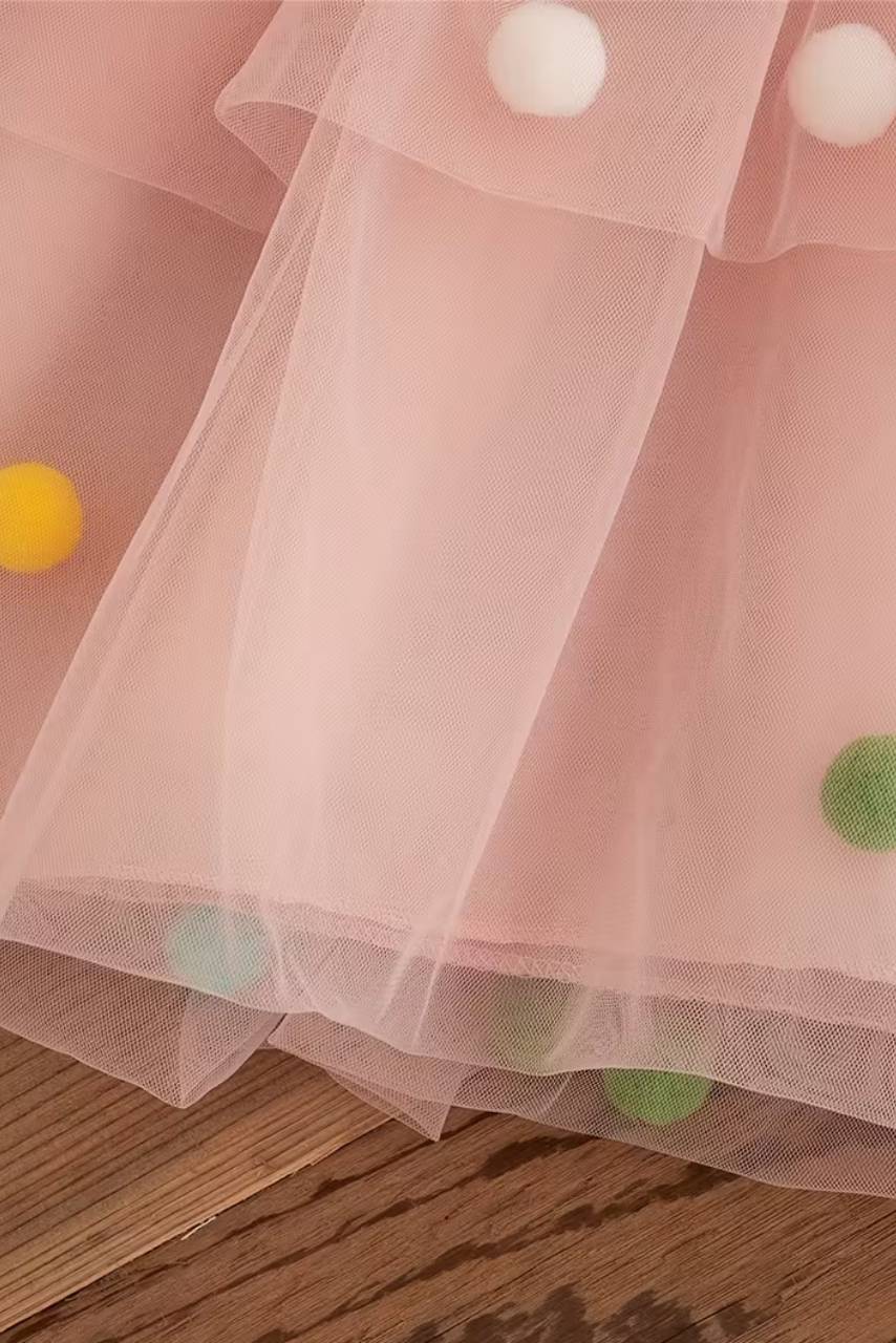 Renkli Tül Ponponlu Prenses Elbisesi