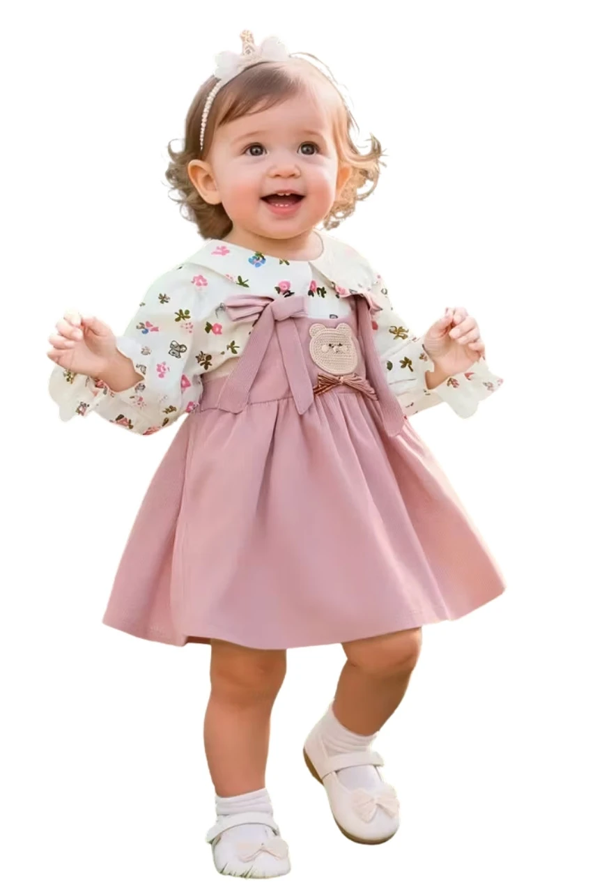 Sevimli Ayı ve Çiçek Desenli Elbise