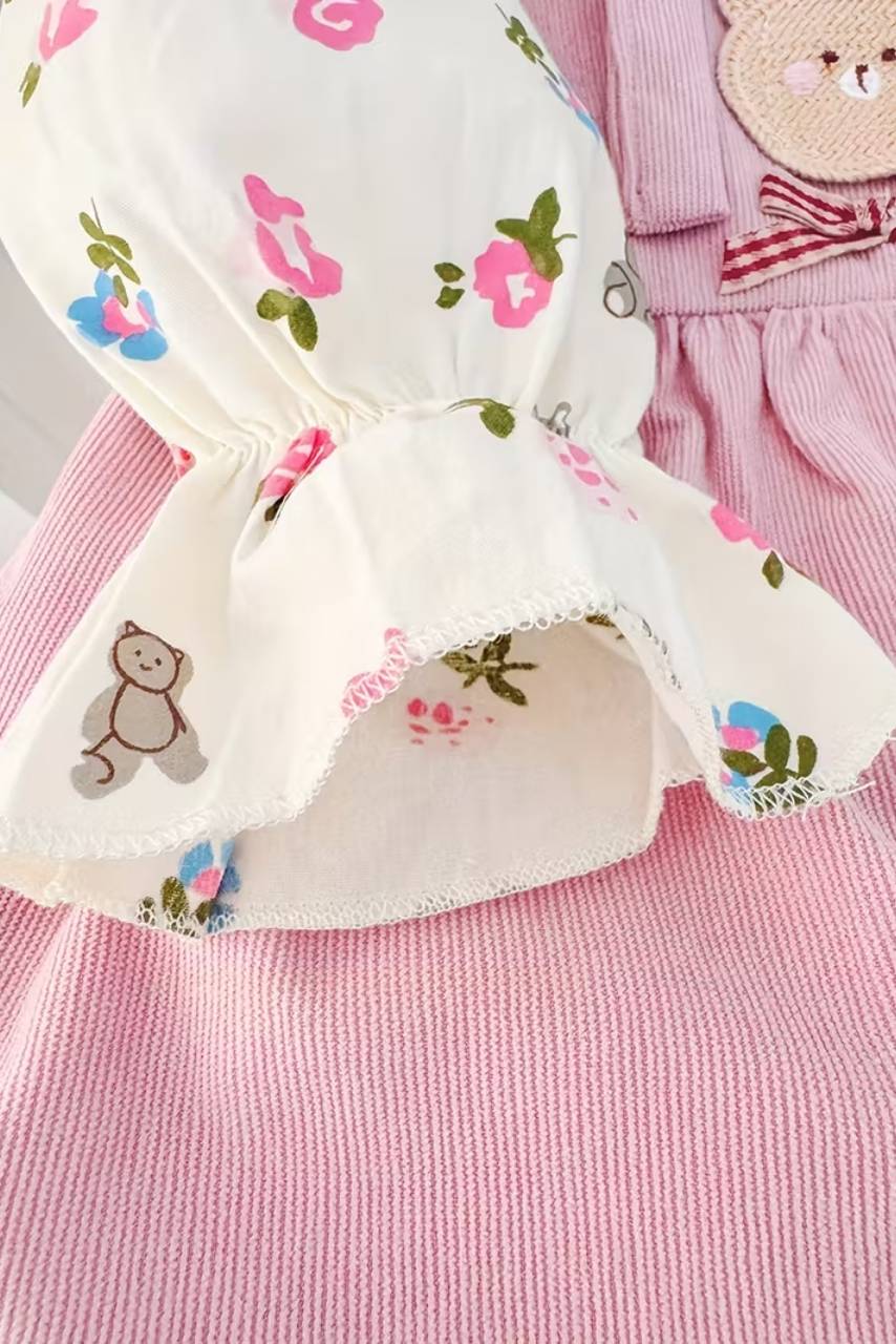 Sevimli Ayı ve Çiçek Desenli Elbise