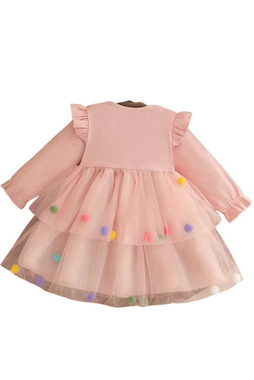 Renkli Tül Ponponlu Prenses Elbisesi