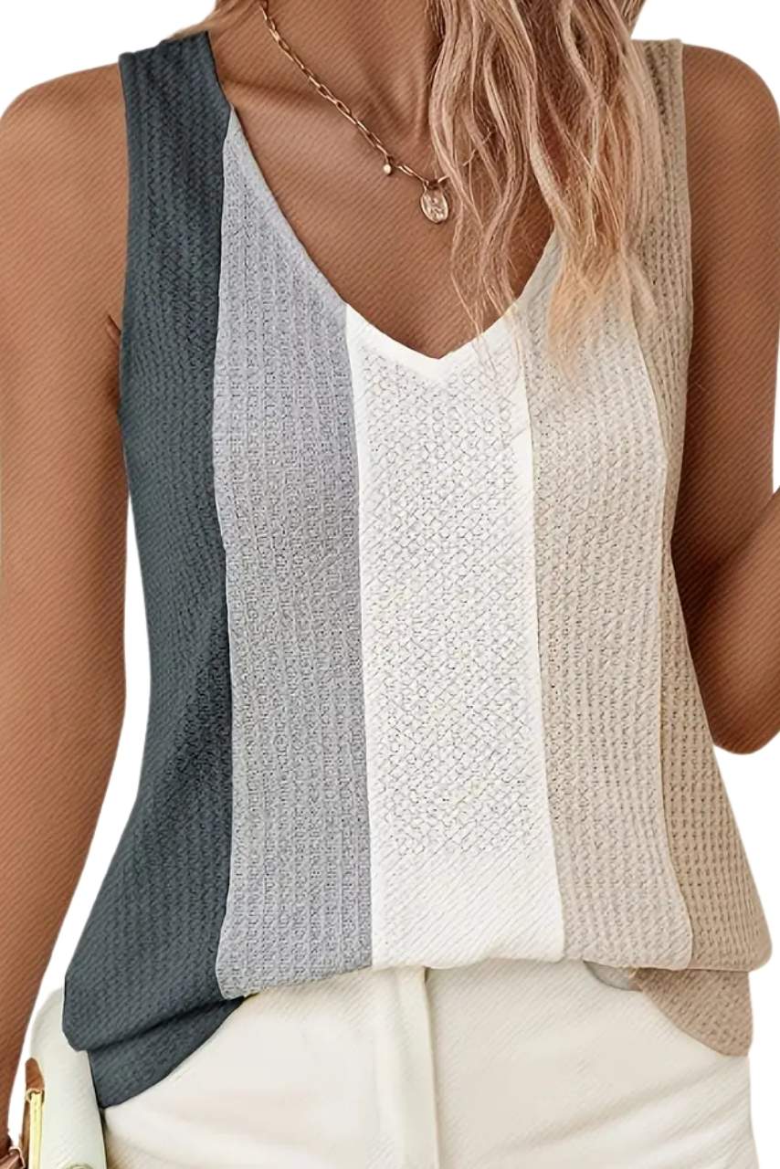 Örgü Patchwork Günlük V-Yaka Kolsuz Üst