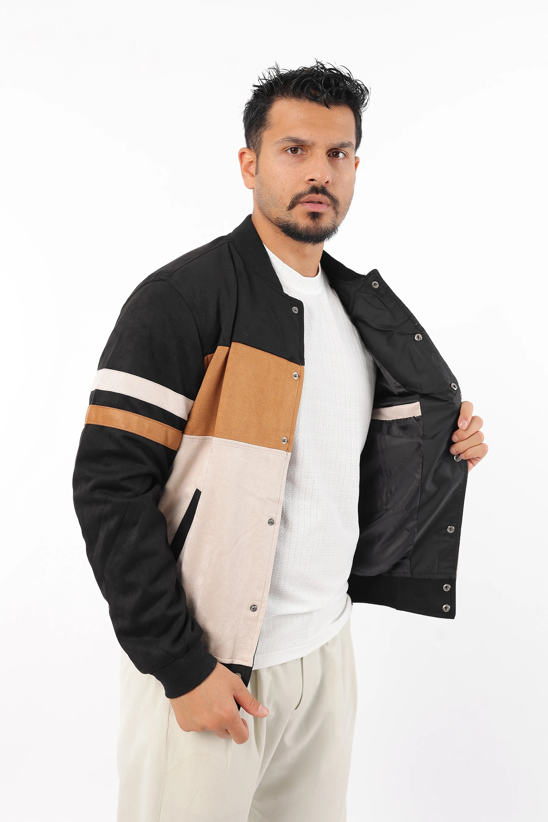 Erkek Spor Mevsimlik İçi Astarlı Bomber Bloklu Çıtçıtlı Süet Mont 1367