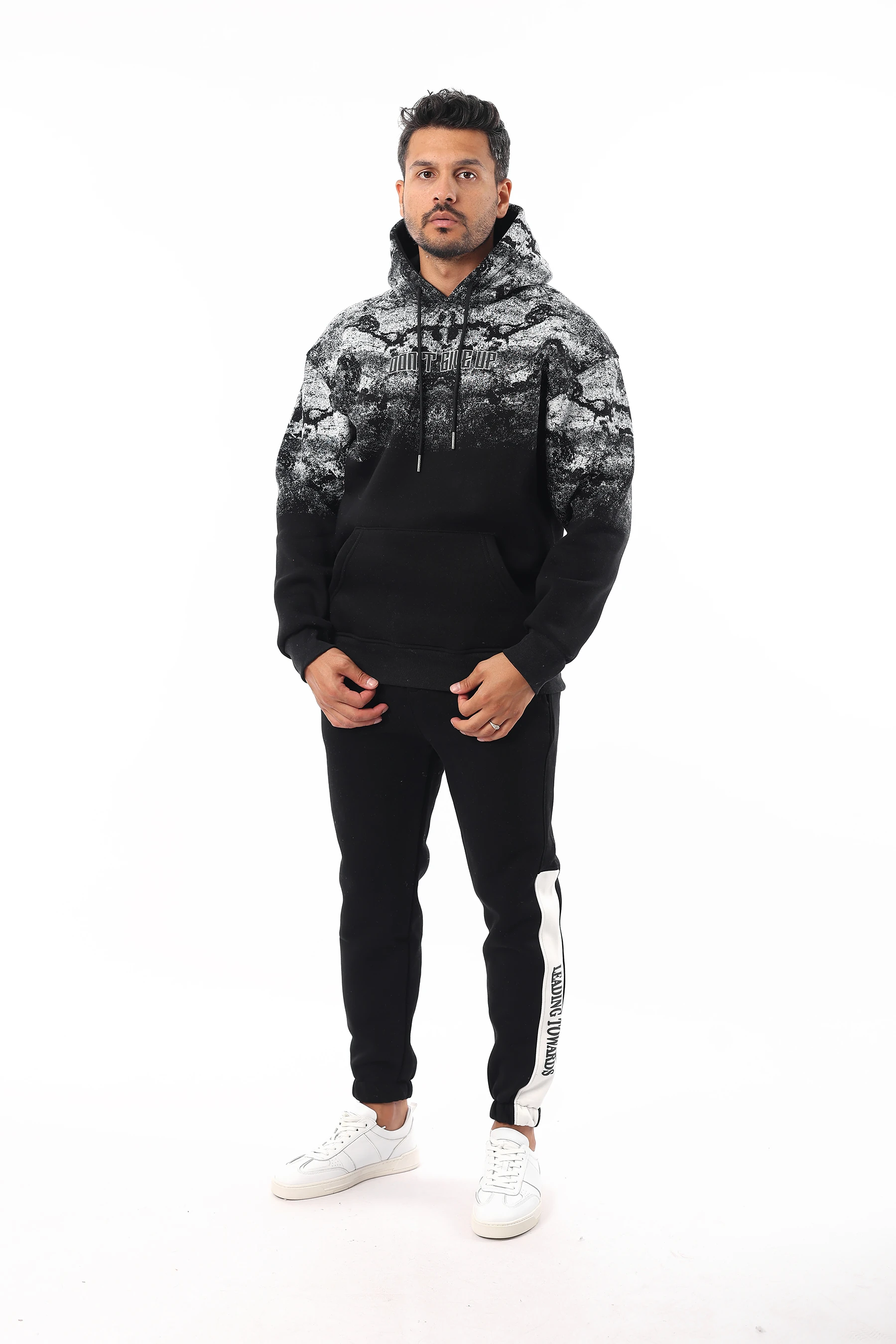 Unisex Yarım Oversize Pamuklu Yumuşak İçi Polarlı Kapşonlu Kanguru Cep Baskılı Sweatshirt 1058