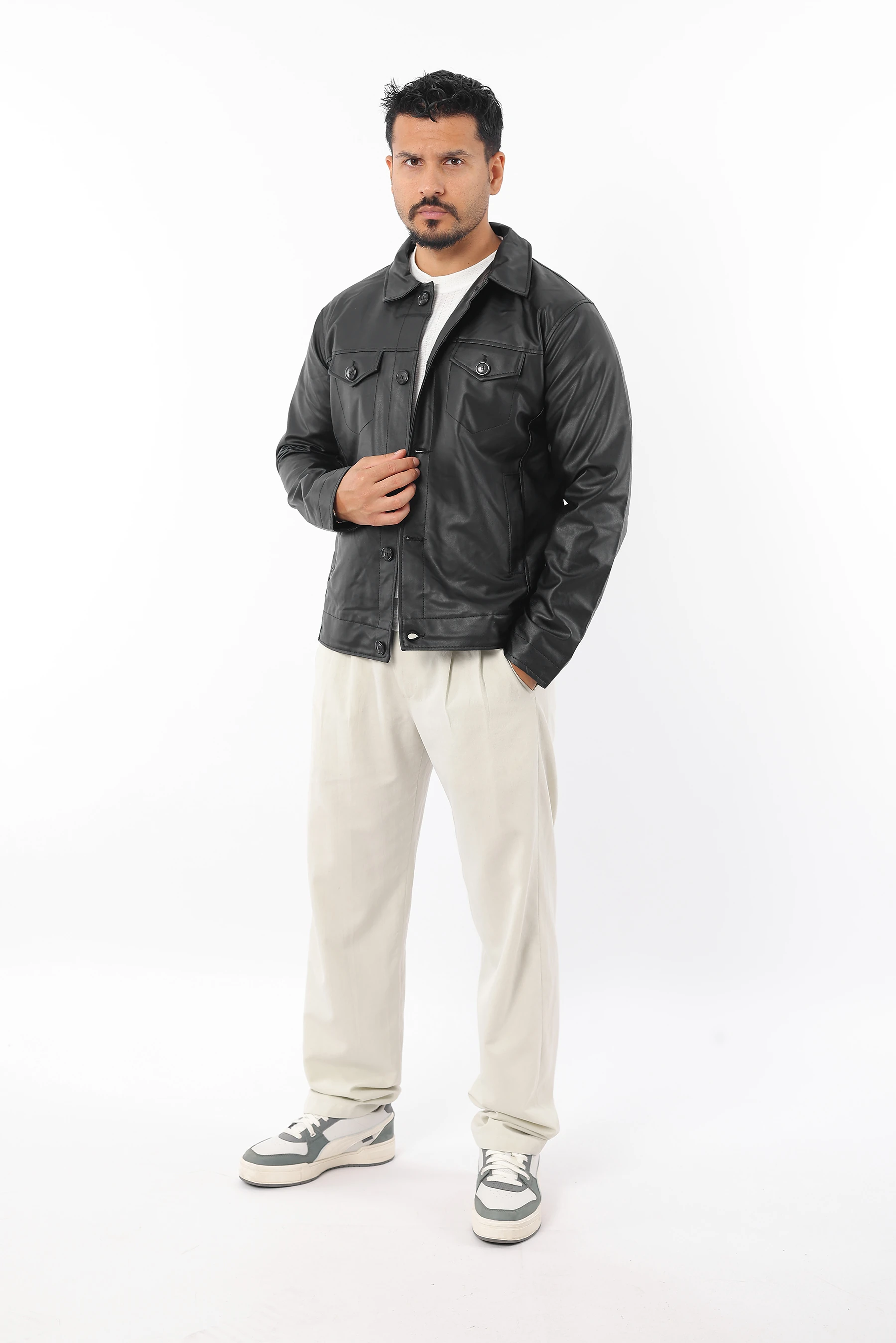 Erkek Slim Fit İç Astarlı Cepli Düğmeli Siyah Deri Mont 1543