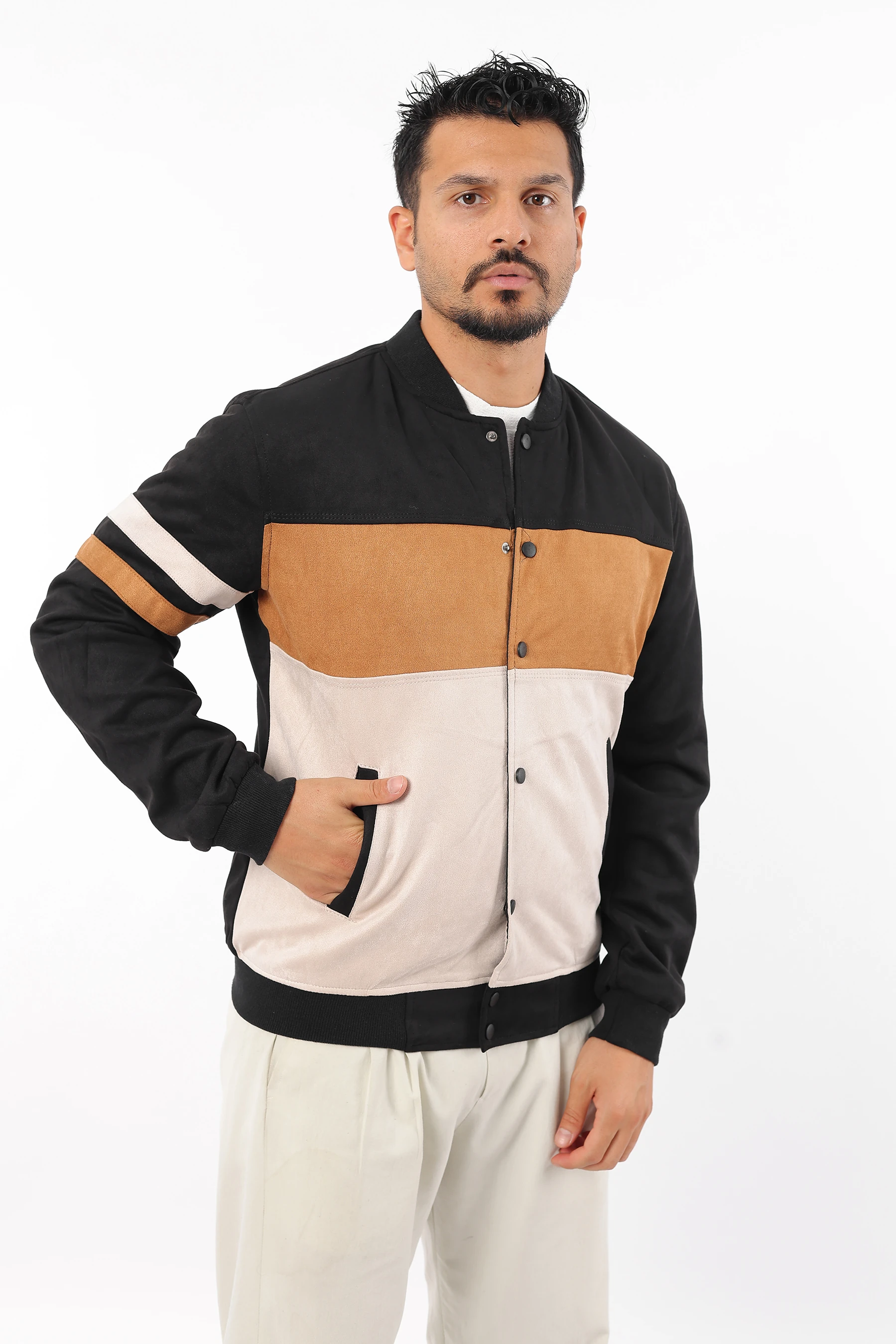 Erkek Spor Mevsimlik İçi Astarlı Bomber Bloklu Çıtçıtlı Süet Mont 1367