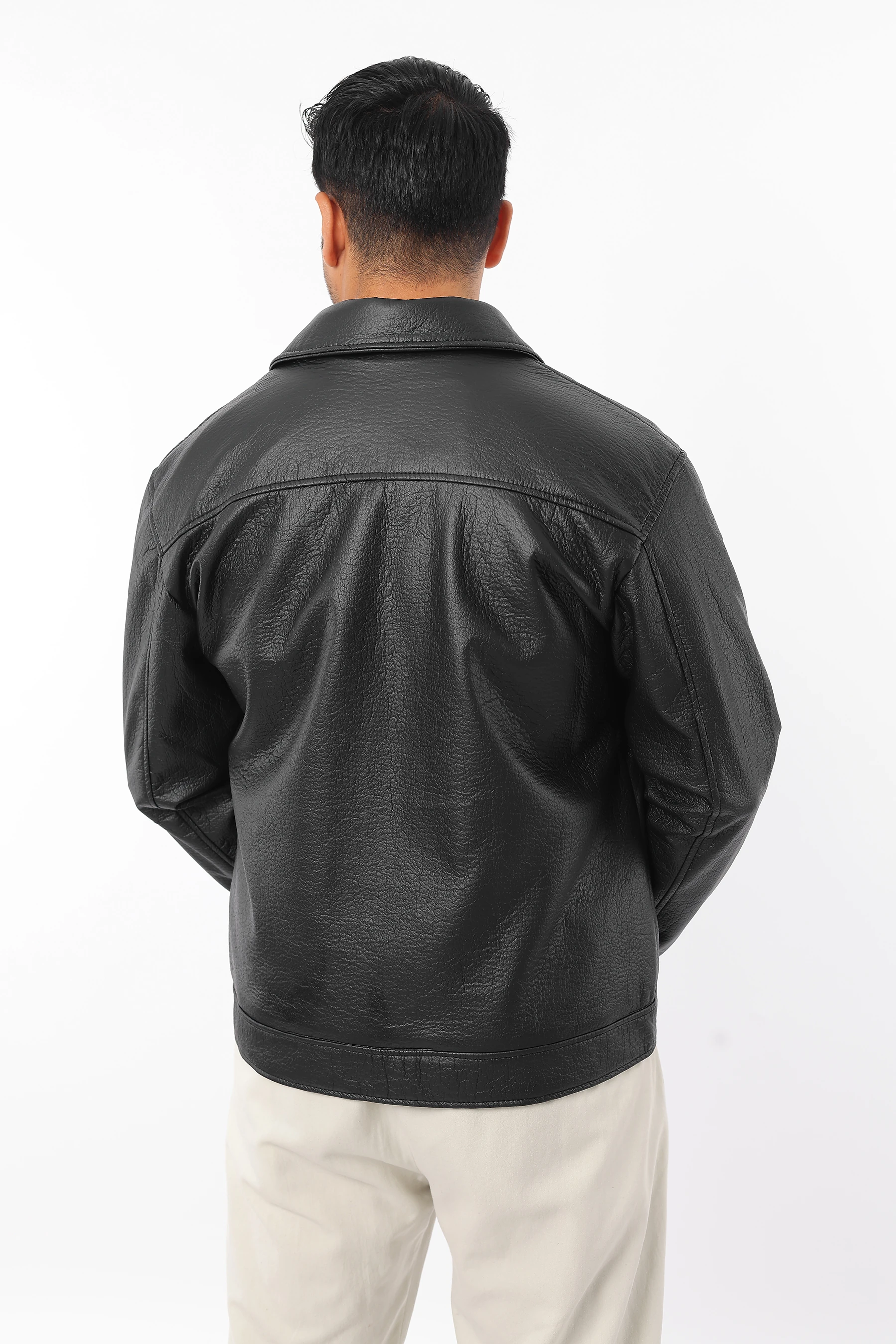 Erkek Slim Fit İç Astarlı Fermuarlı Yakası Çıtçıtlı Cepli Siyah Deri Mont 1277