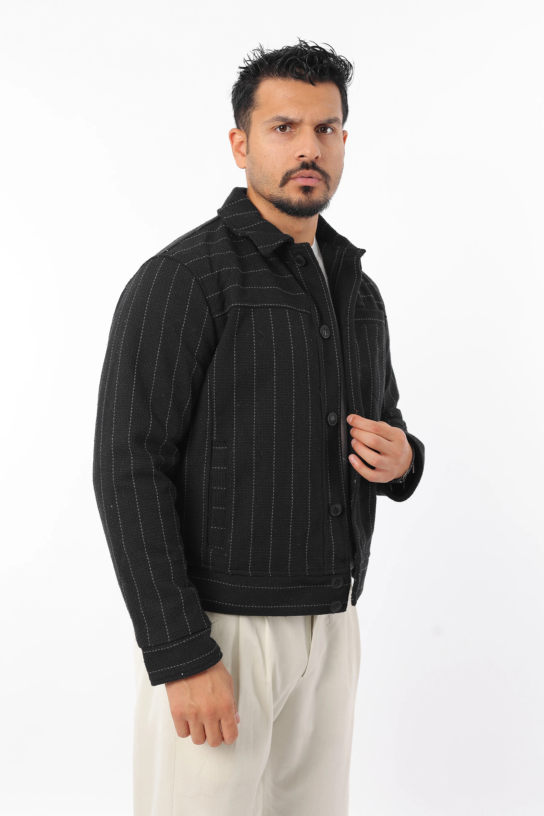 Erkek Mevsimlik Bomber Ceket İçi Kapitone Düğmeli Çizgili Mont 1618