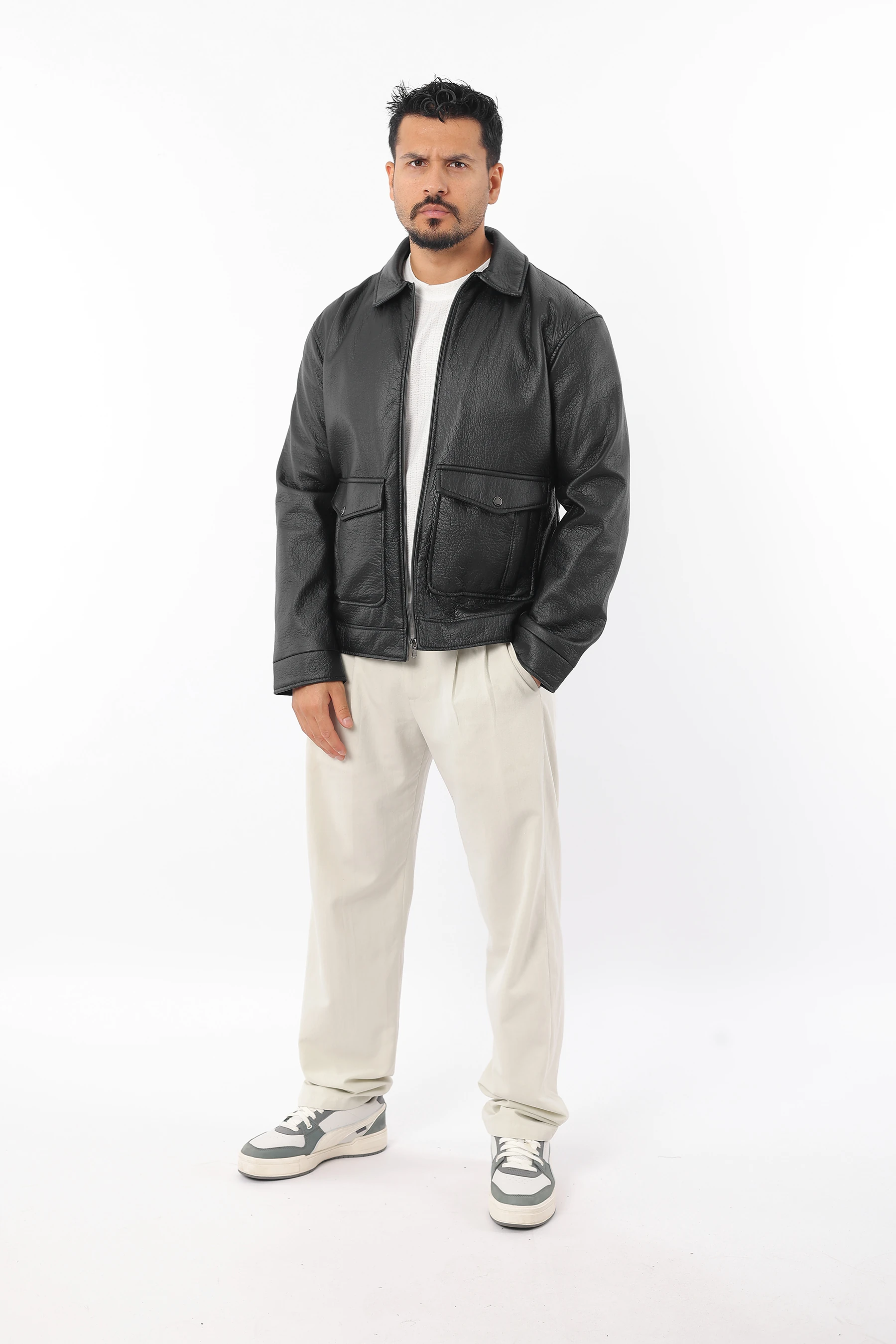 Erkek Slim Fit İç Astarlı Fermuarlı Yakası Çıtçıtlı Cepli Siyah Deri Mont 1277