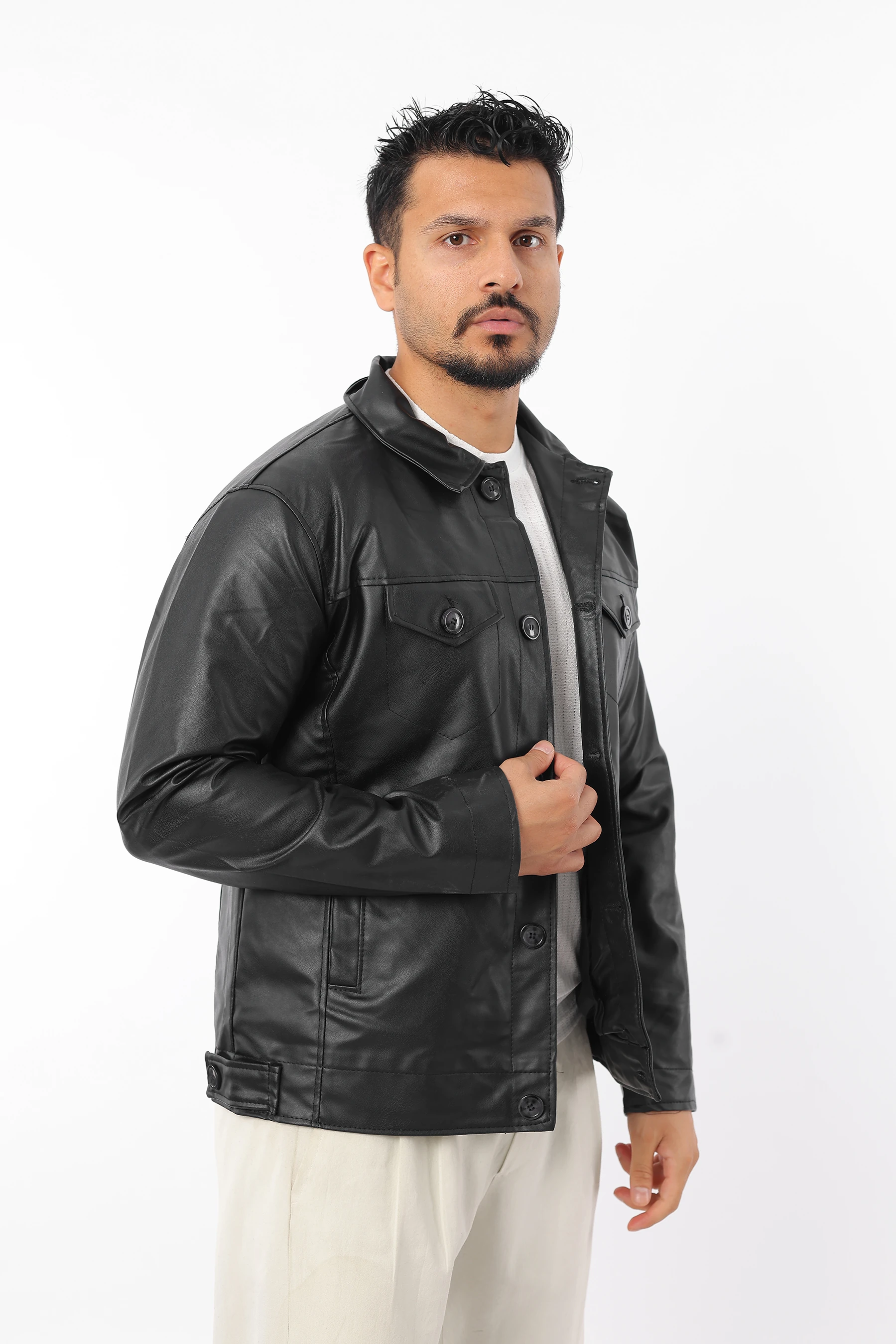 Erkek Slim Fit İç Astarlı Cepli Düğmeli Siyah Deri Mont 1543