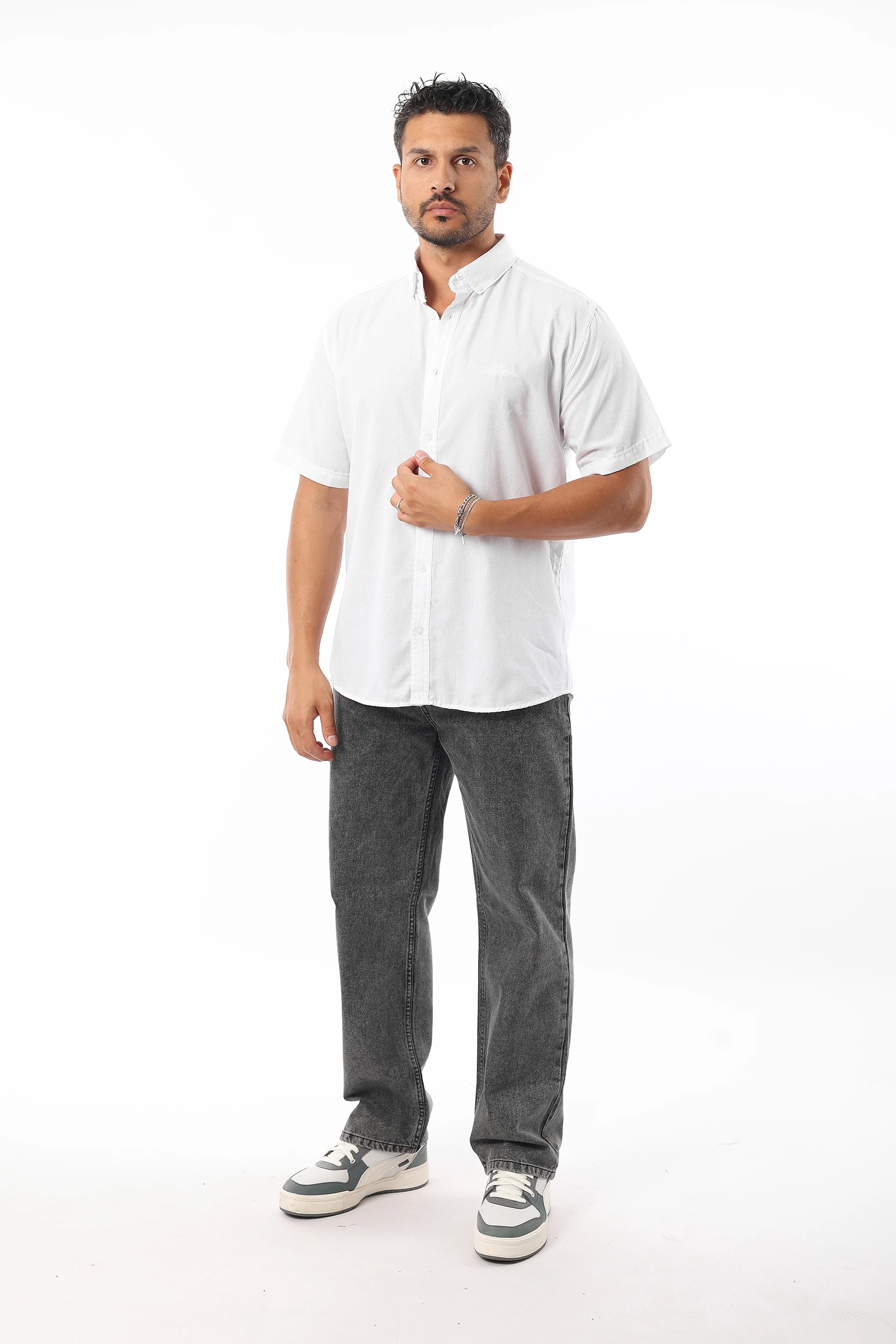 Erkek Keten %100 Pamuk Standart Fit Kısa Kollu Beyaz Battal Gömlek Er25-455