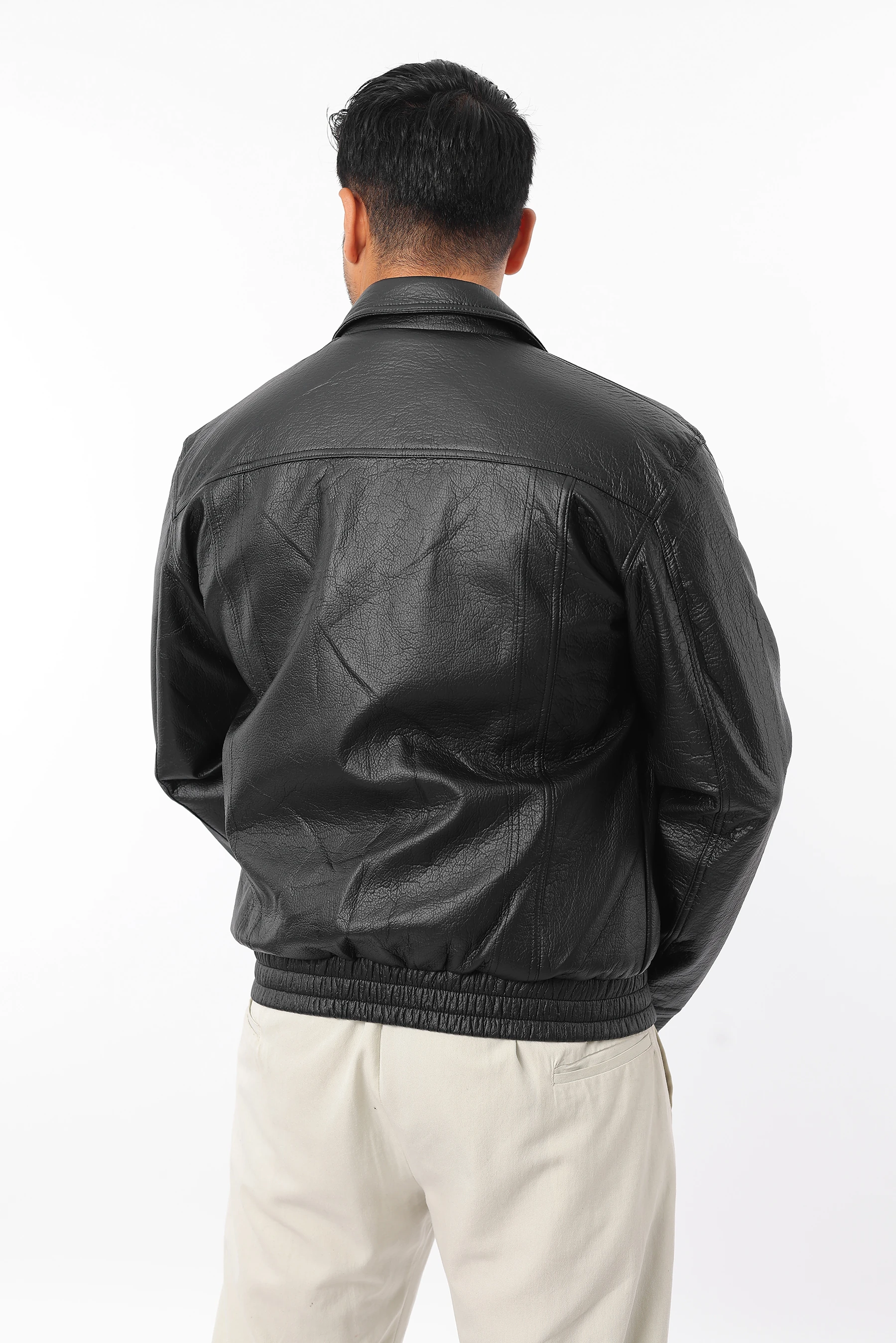 Erkek Slim Fit İç Astarlı Fermuarlı Beli Lastikli Siyah Deri Mont 1637