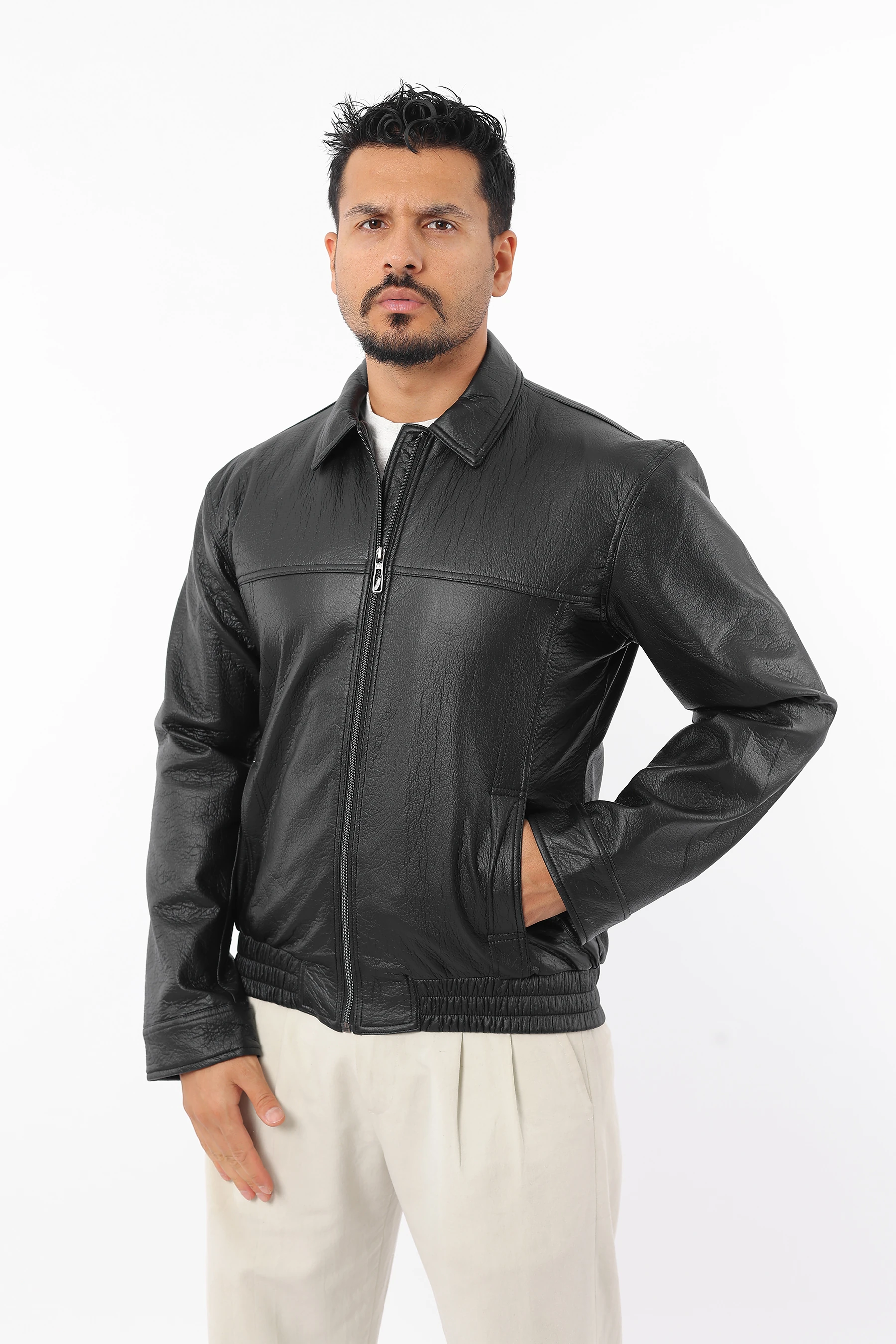 Erkek Slim Fit İç Astarlı Fermuarlı Beli Lastikli Siyah Deri Mont 1637