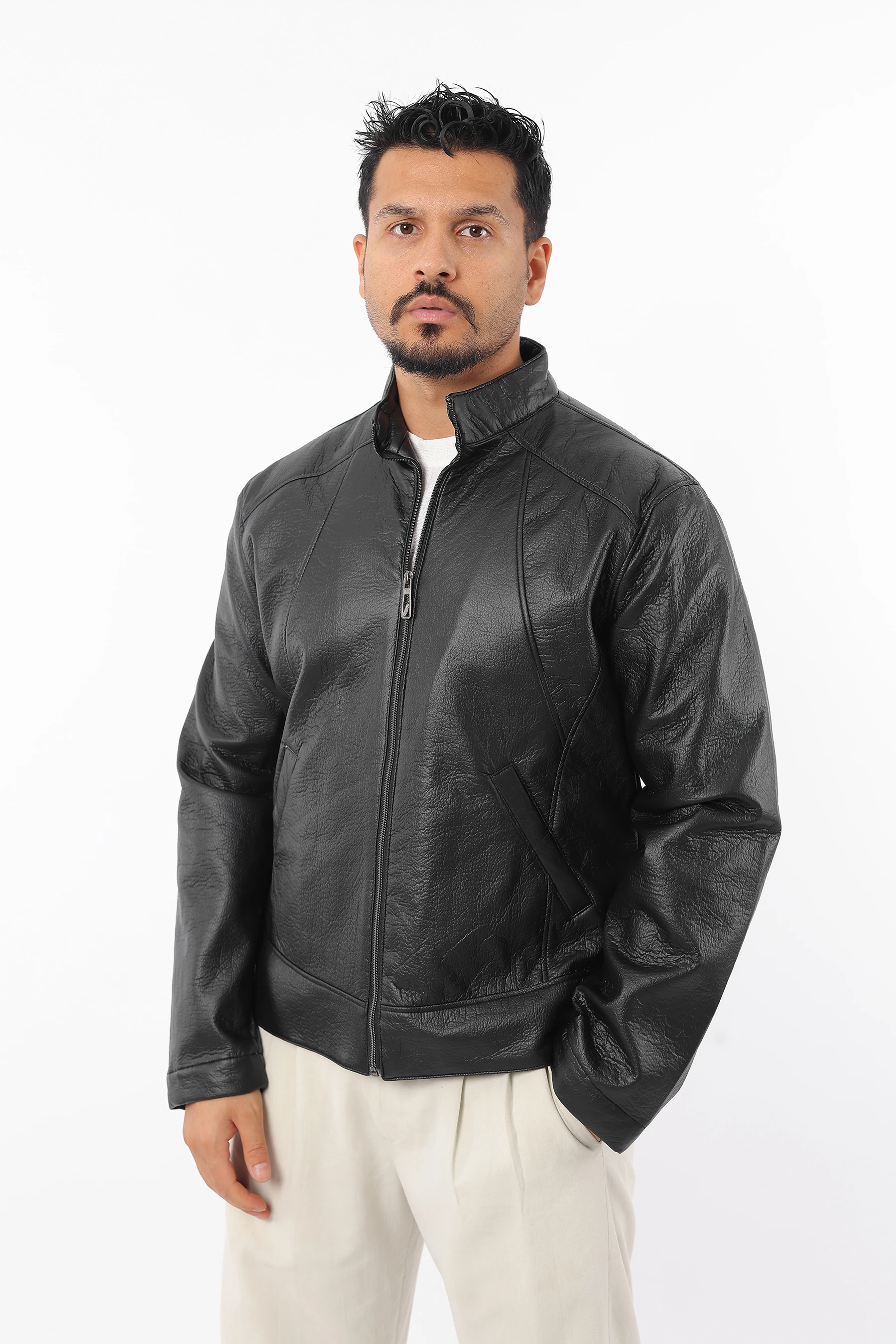 Erkek Slim Fit İç Astarlı Fermuarlı Cepli Dik Yaka Siyah Deri Mont 1226