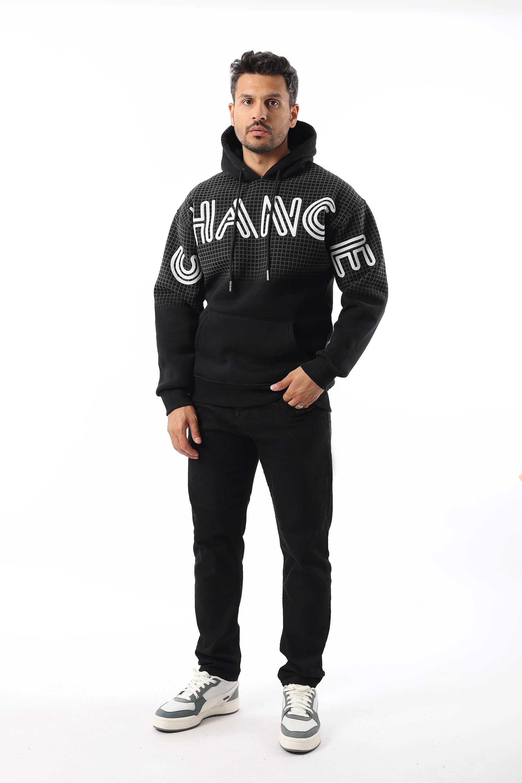 Erkek Yarım Oversize Pamuklu Yumuşak İçi Polarlı Kapşonlu Kanguru Cep Baskılı Sweatshirt 1050