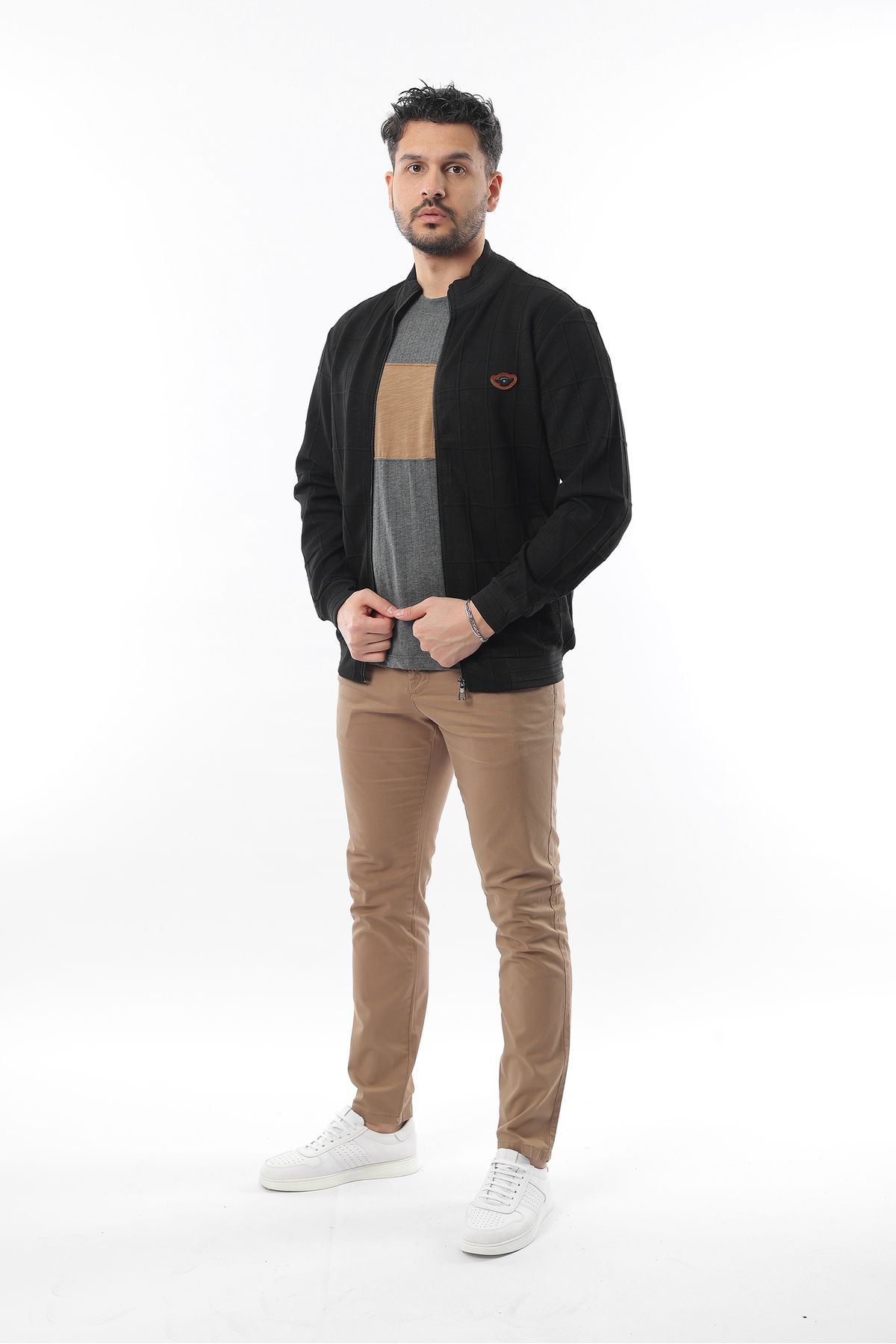 Erkek Çift Cepli Dik Yaka  Kapitone Desenli Fermuarlı Sweatshirt