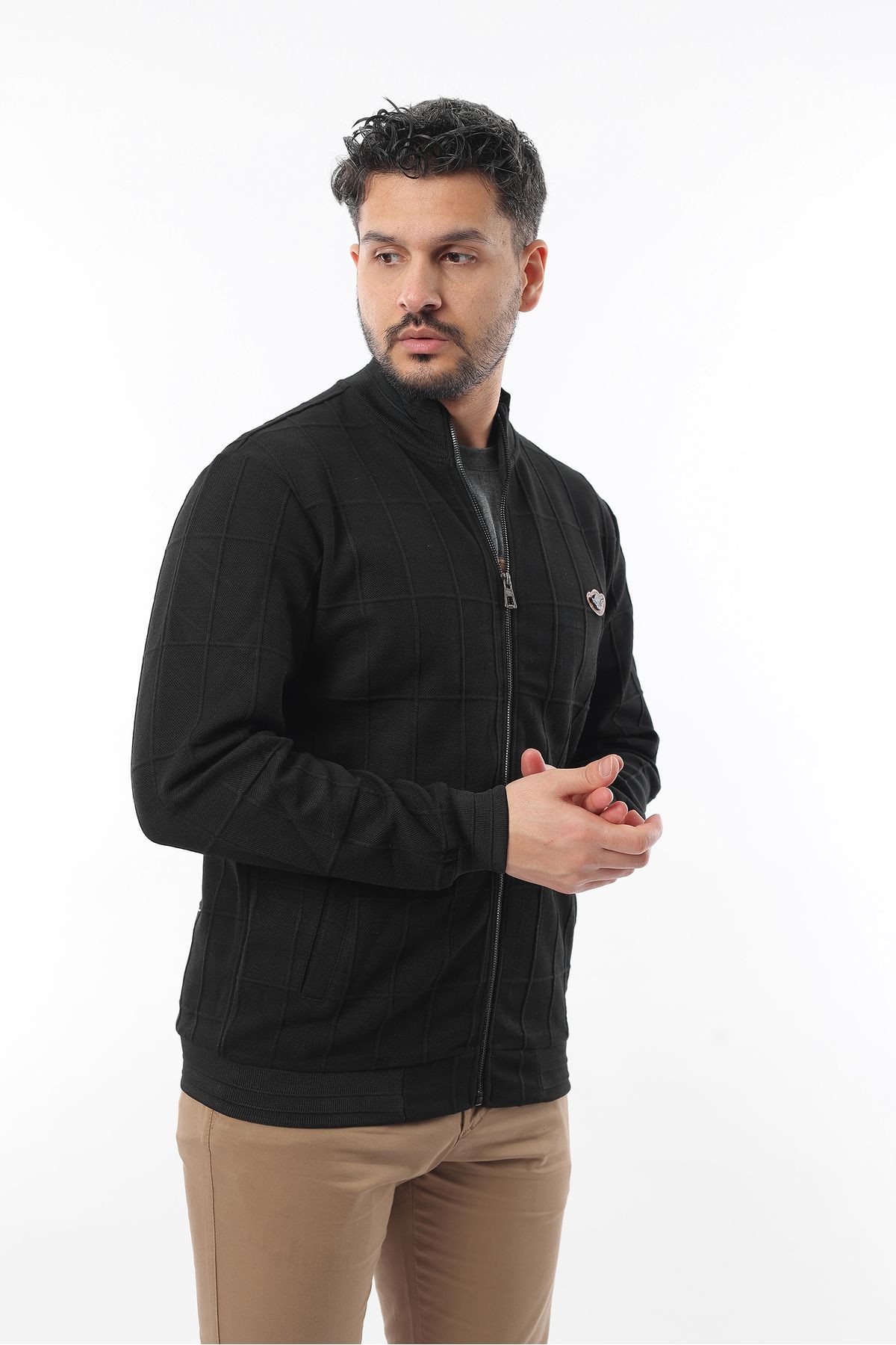 Erkek Çift Cepli Dik Yaka  Kapitone Desenli Fermuarlı Sweatshirt