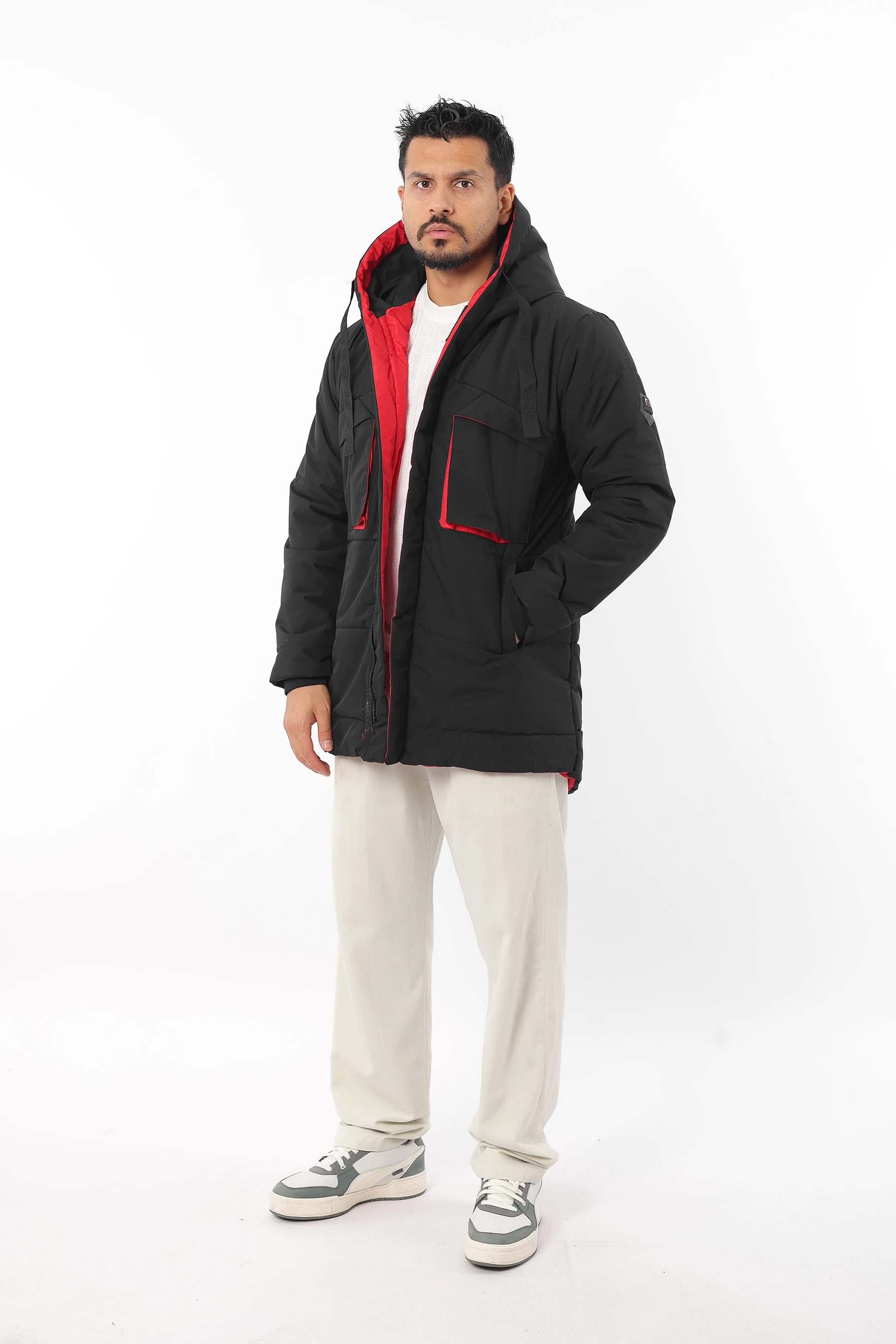 Erkek Rüzgar Geçirmez Sıcak Tutan Elyaf Dolgulu Kapüşonlu Siyah Mont 1194