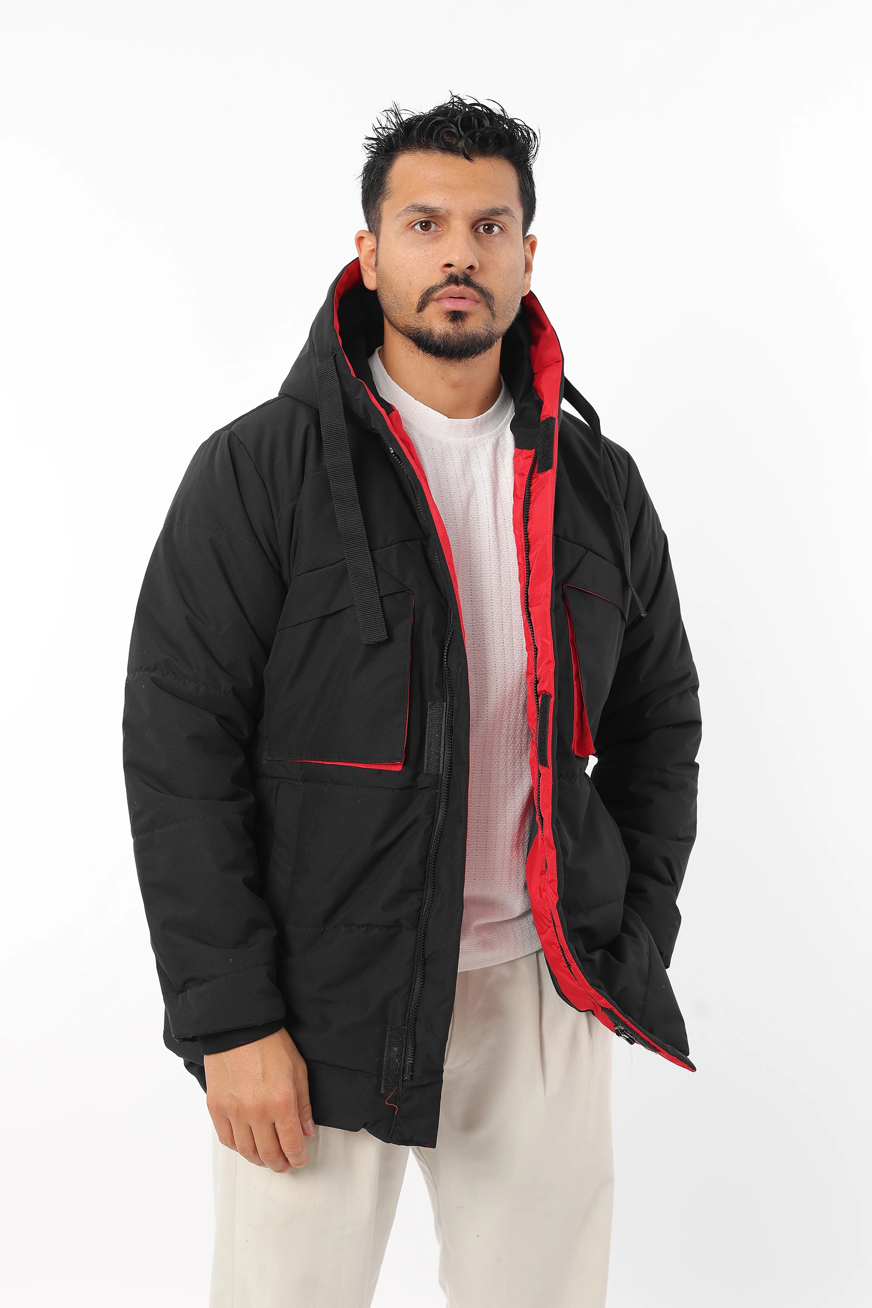 Erkek Rüzgar Geçirmez Sıcak Tutan Elyaf Dolgulu Kapüşonlu Siyah Mont 1194