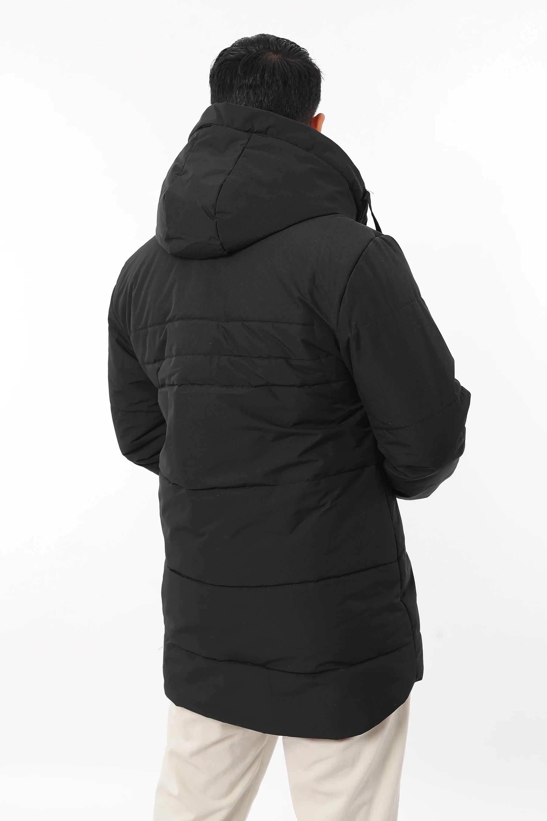 Erkek Rüzgar Geçirmez Sıcak Tutan Elyaf Dolgulu Kapüşonlu Siyah Mont 1194